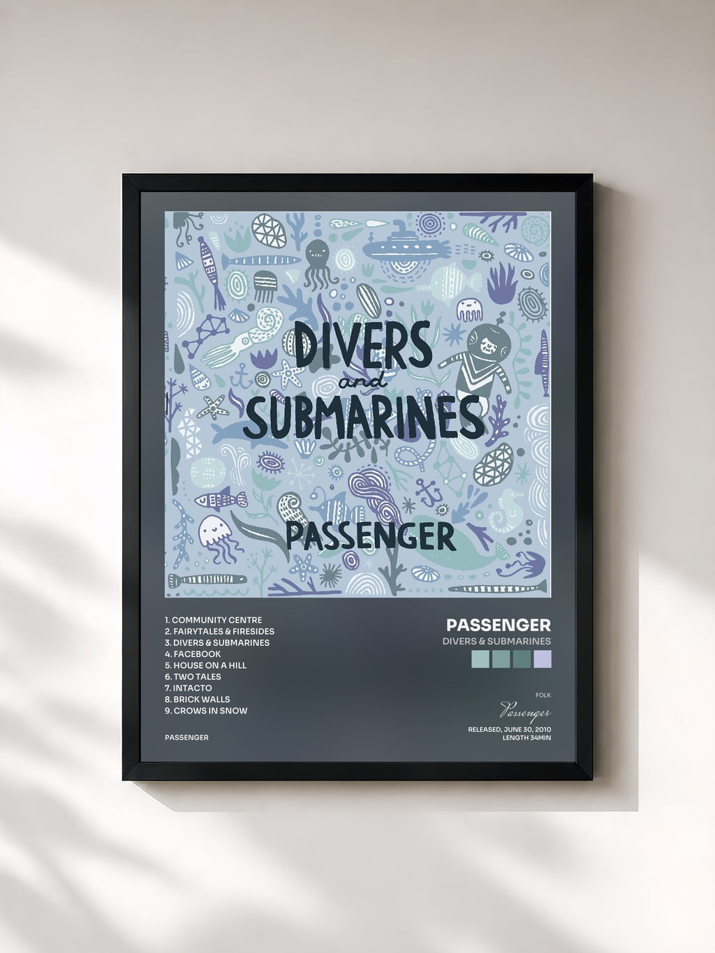 #noir Tableau de l'album Divers & Submarines de Passenger, cadre noir, imprimé et encadré en France