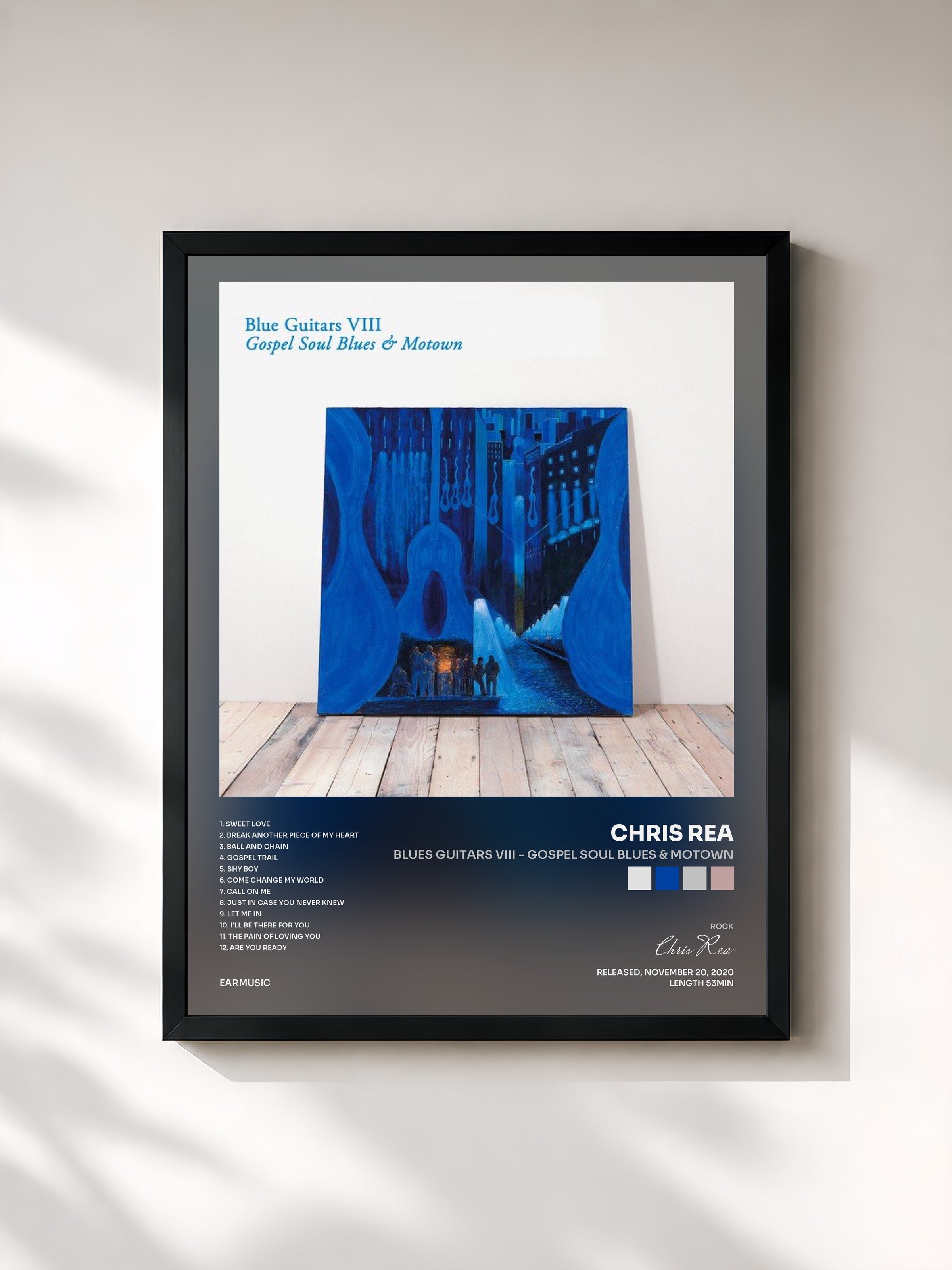 #noir Tableau de l'album Blues Guitars VIII - Gospel Soul Blues & Motown de Chris Rea, cadre noir, imprimé et encadré en France