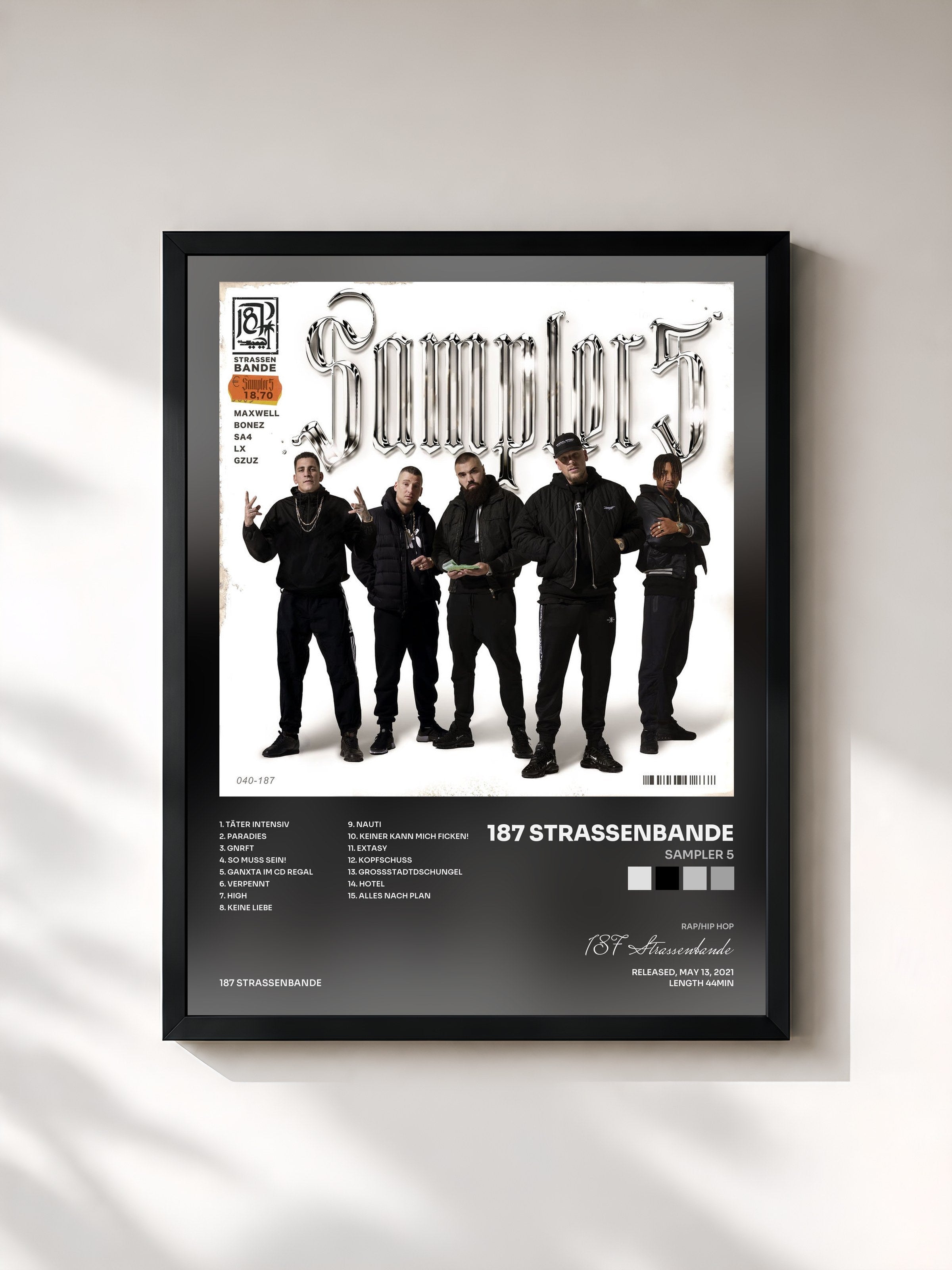 #noir Tableau de l'album Sampler 5 de 187 Strassenbande, cadre noir, imprimé et encadré en France