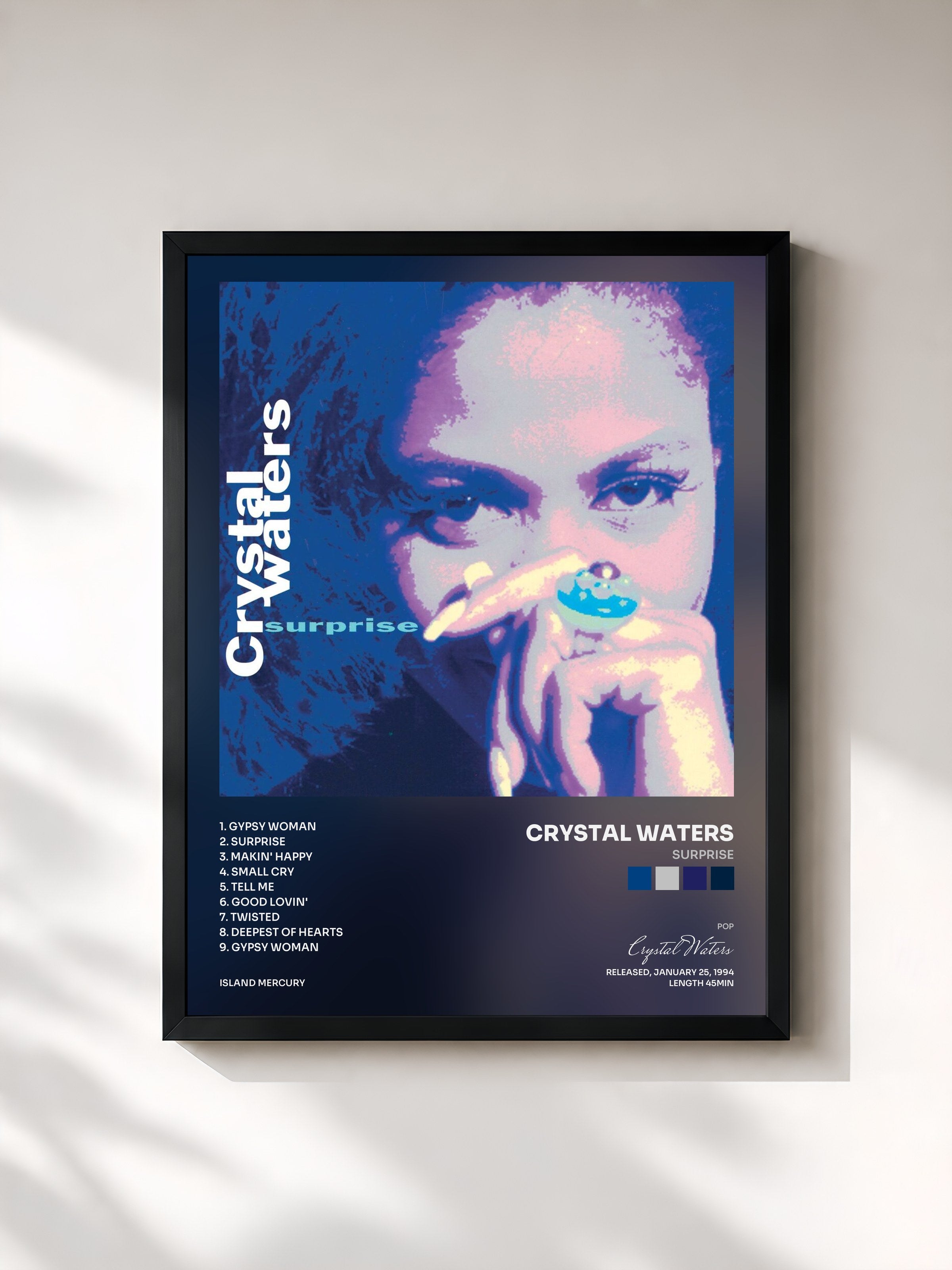 #noir Tableau de l'album Surprise de Crystal Waters, cadre noir, imprimé et encadré en France