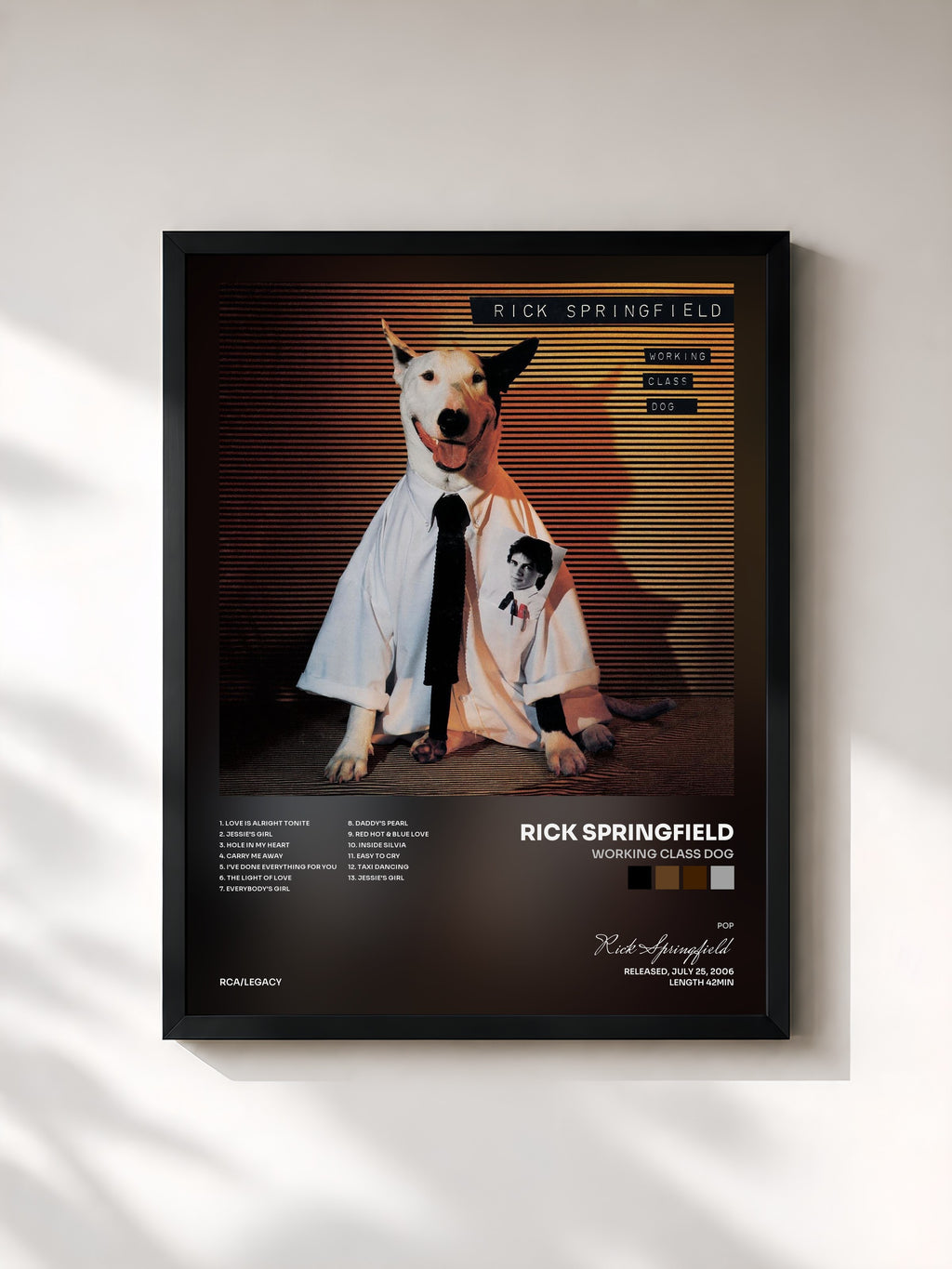 #noir Tableau de l'album Working Class Dog de Rick Springfield, cadre noir, imprimé et encadré en France