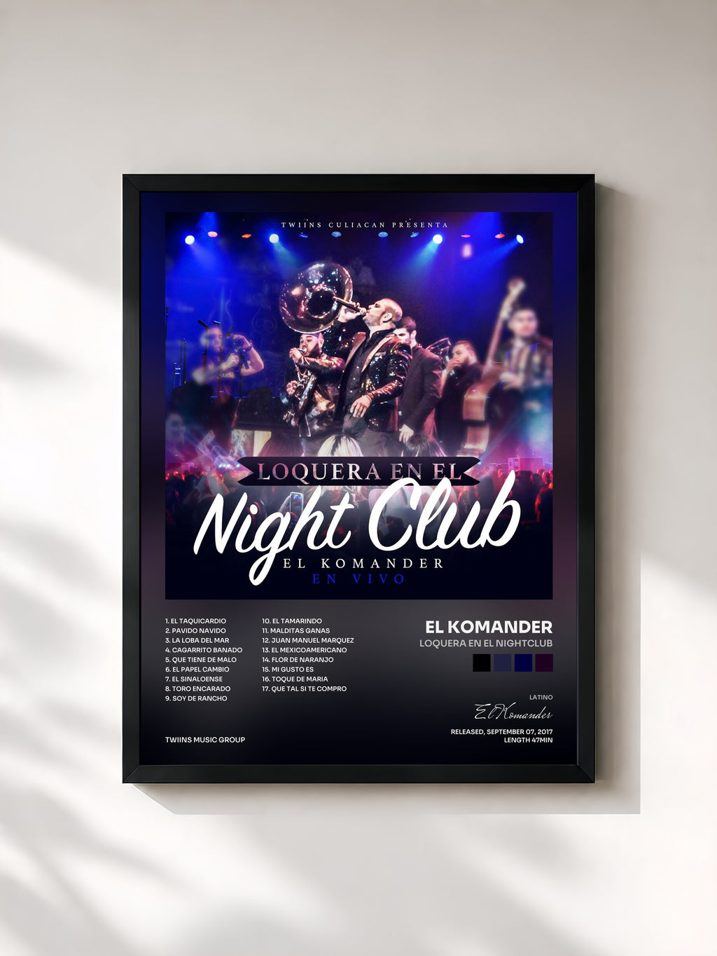 #noir Tableau de l'album Loquera En El Nightclub de El Komander, cadre noir, imprimé et encadré en France