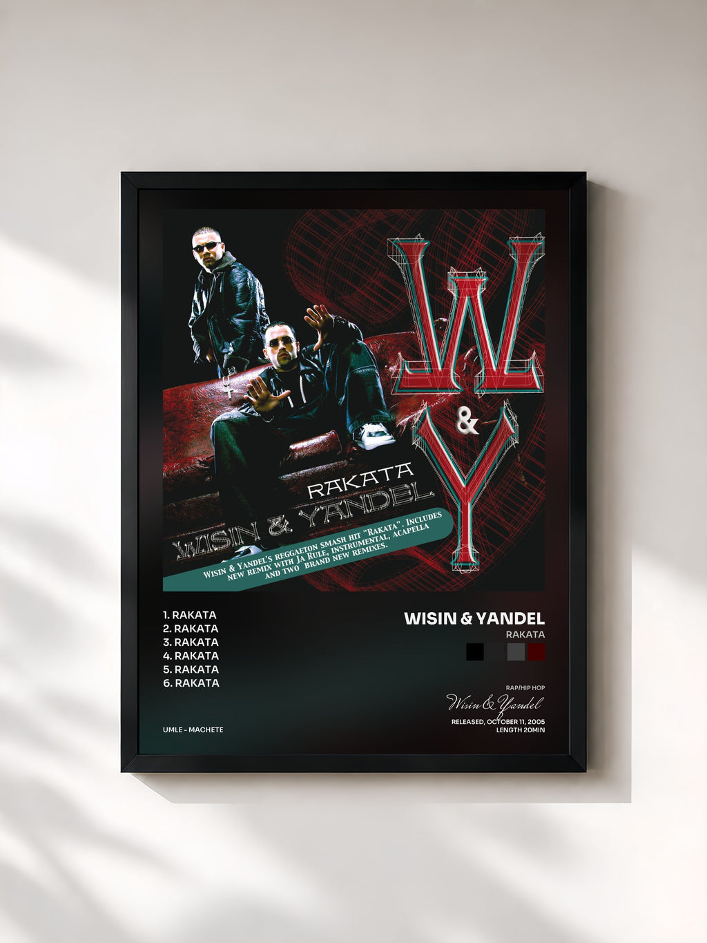 #noir Tableau de l'album Rakata de Wisin & Yandel, cadre noir, imprimé et encadré en France