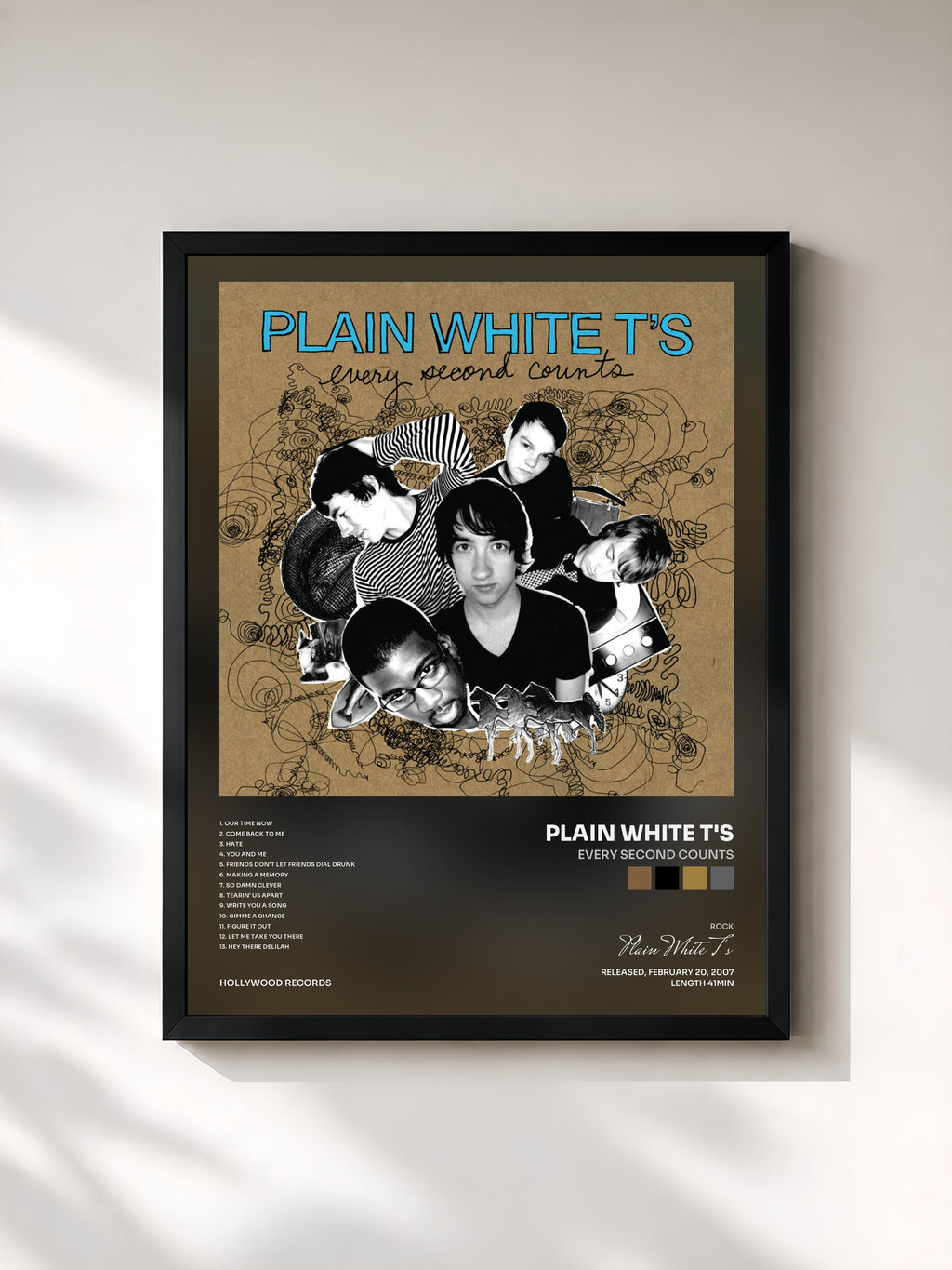 #noir Tableau de l'album Every Second Counts de Plain White T's, cadre noir, imprimé et encadré en France