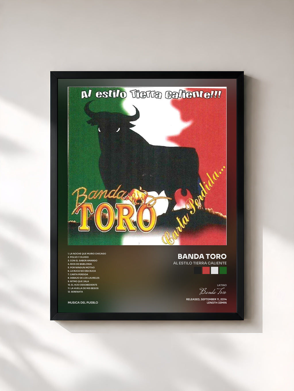 #noir Tableau de l'album Al Estilo Tierra Caliente de Banda Toro, cadre noir, imprimé et encadré en France