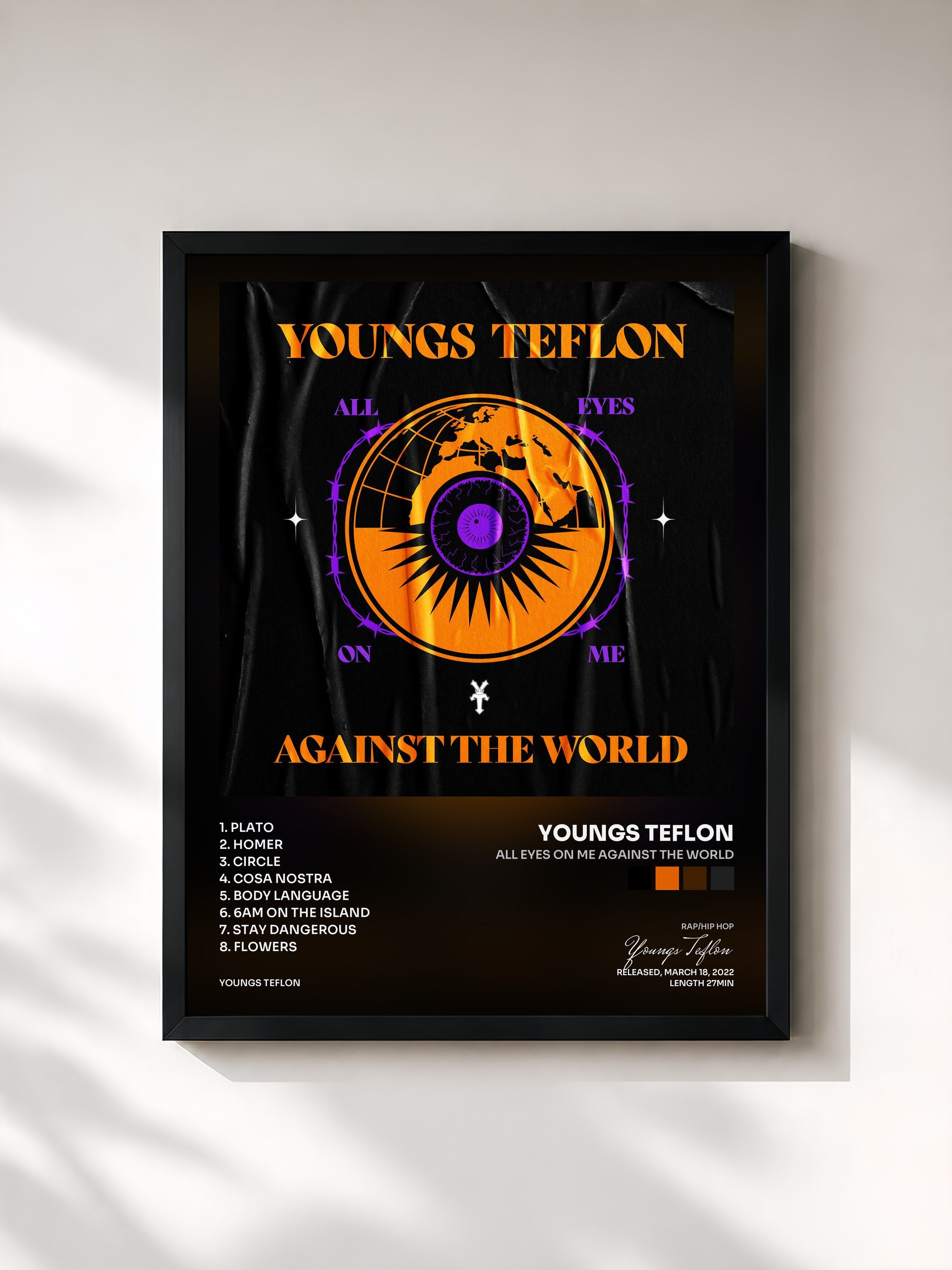 #noir Tableau de l'album All Eyes On Me Against The World de Youngs Teflon, cadre noir, imprimé et encadré en France