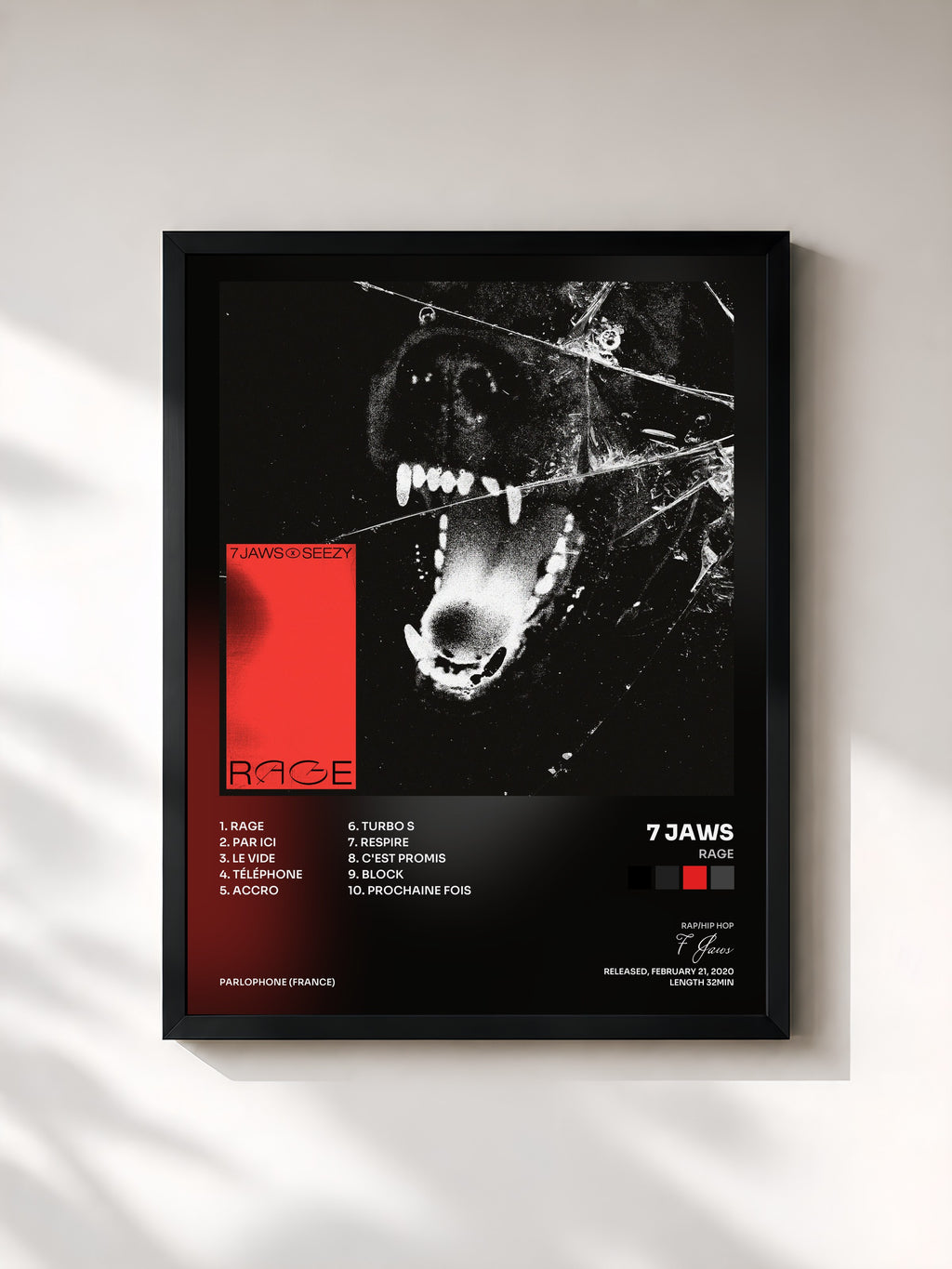 #noir Tableau de l'album RAGE de 7 Jaws, cadre noir, imprimé et encadré en France
