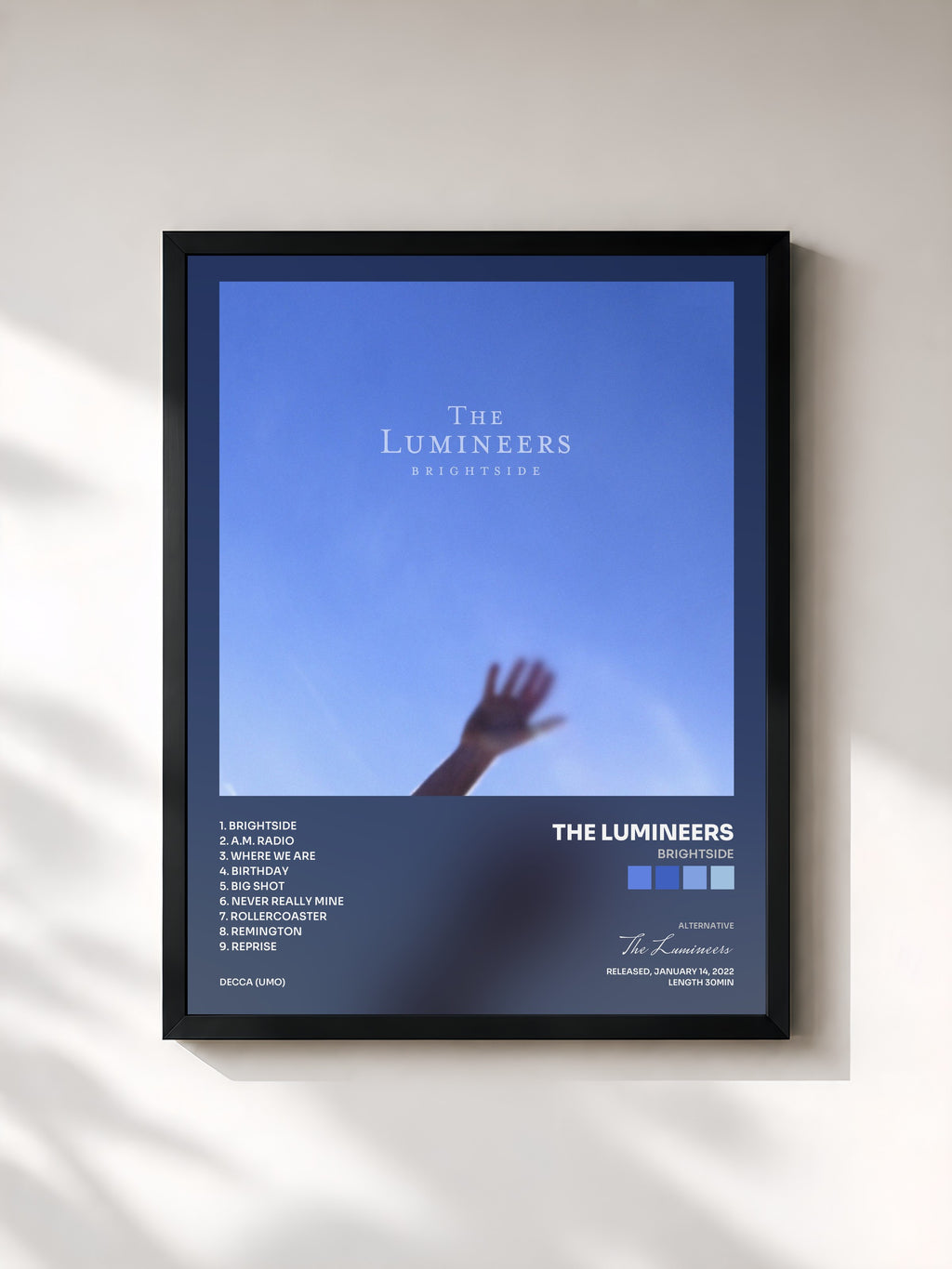 #noir Tableau de l'album BRIGHTSIDE de The Lumineers, cadre noir, imprimé et encadré en France