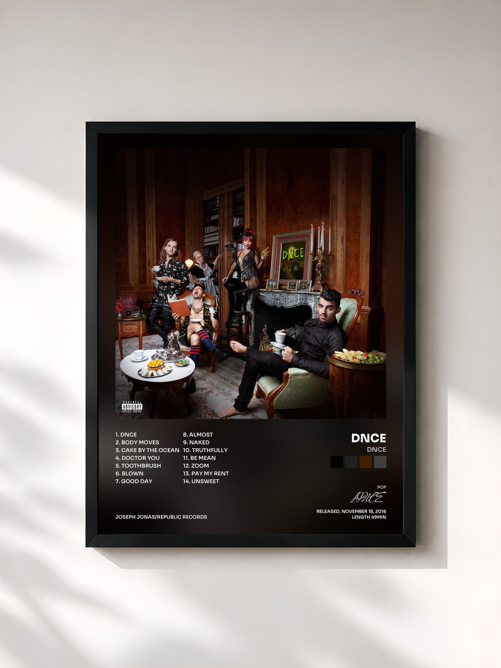 #noir Tableau de l'album DNCE de DNCE, cadre noir, imprimé et encadré en France