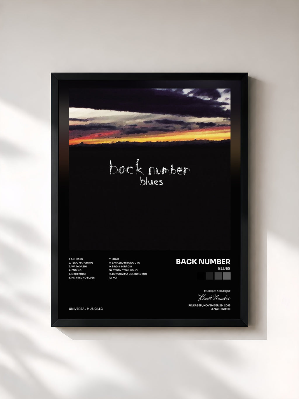 #noir Tableau de l'album Blues de Back Number, cadre noir, imprimé et encadré en France