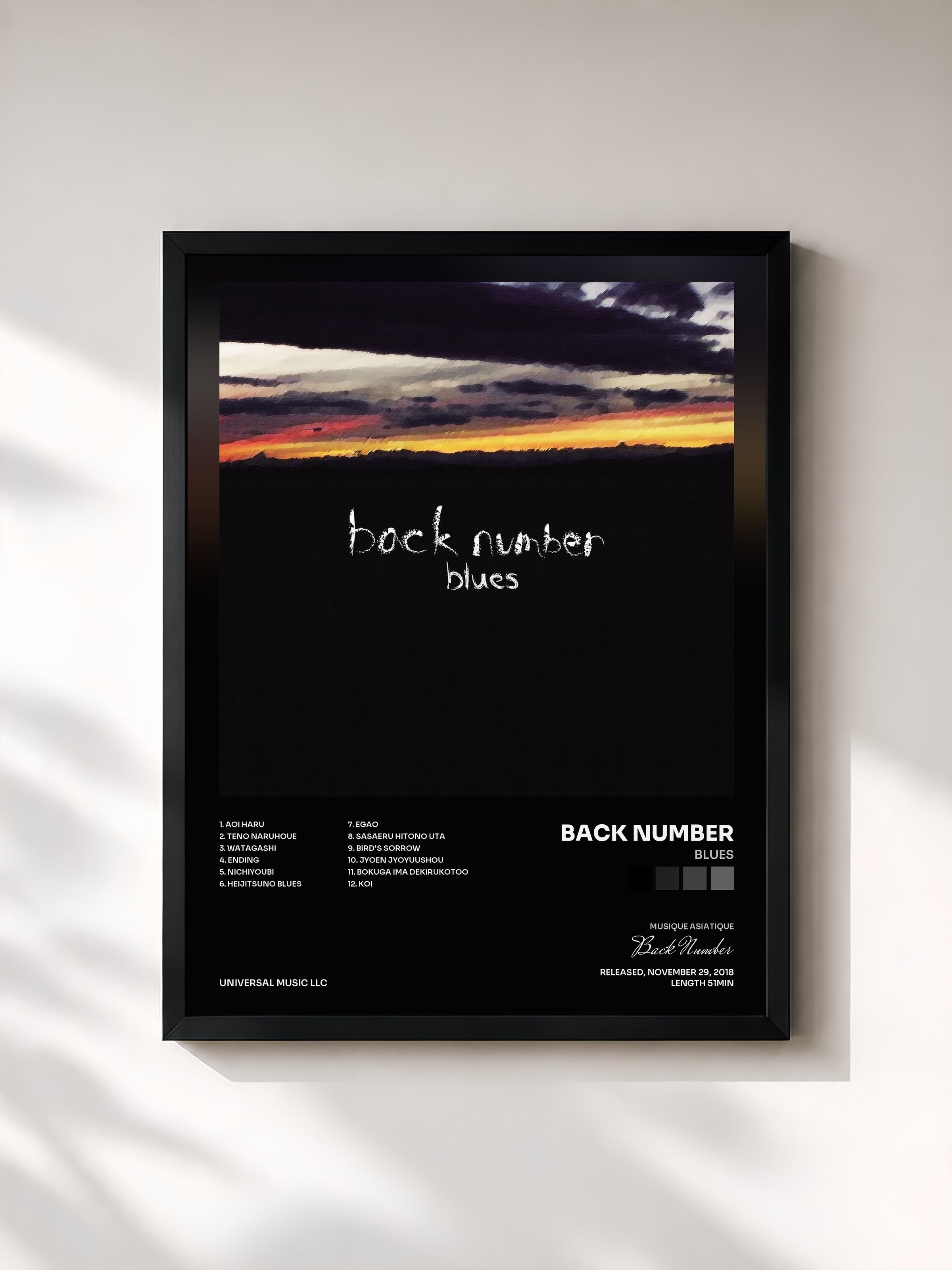 #noir Tableau de l'album Blues de Back Number, cadre noir, imprimé et encadré en France