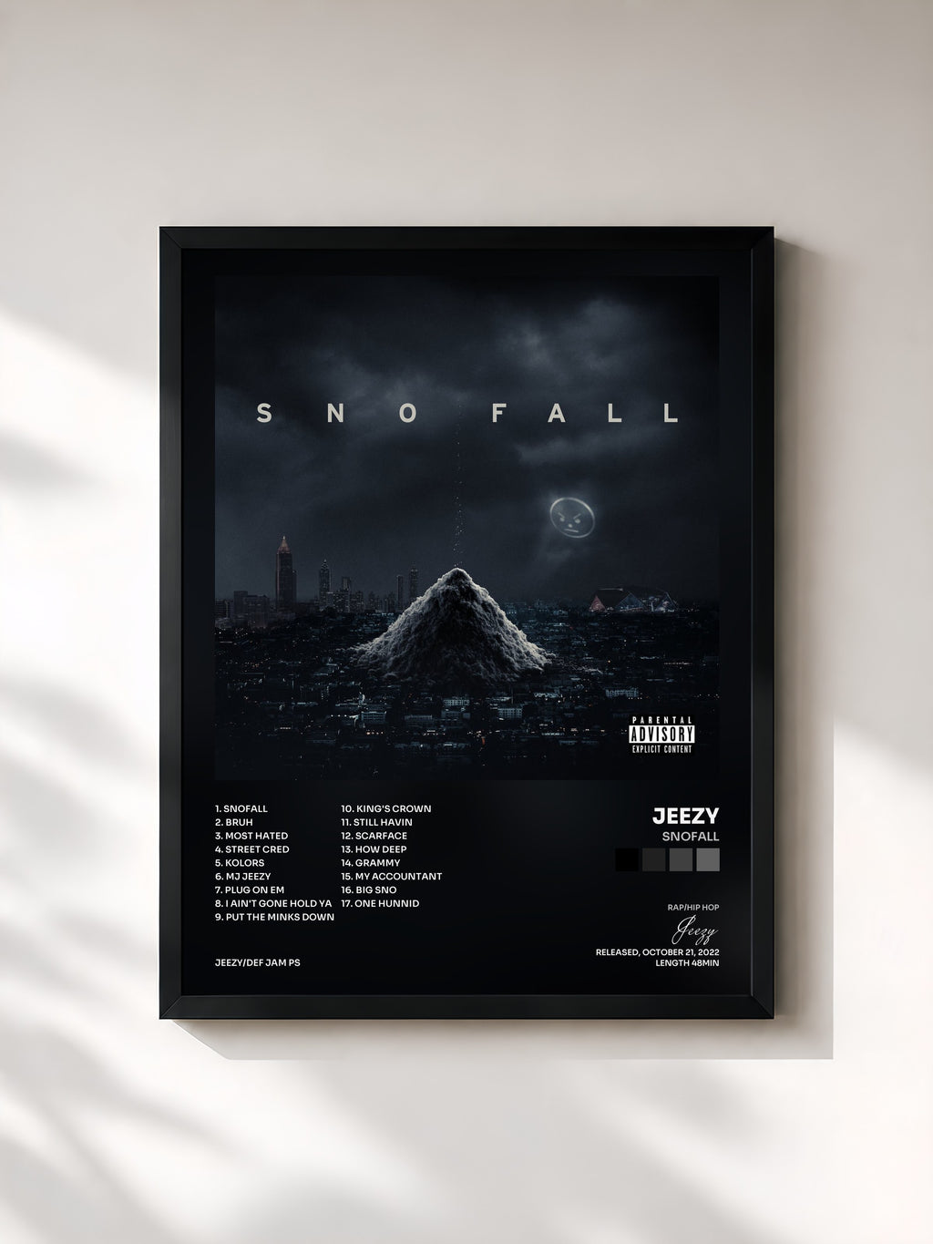 #noir Tableau de l'album SNOFALL de Jeezy, cadre noir, imprimé et encadré en France