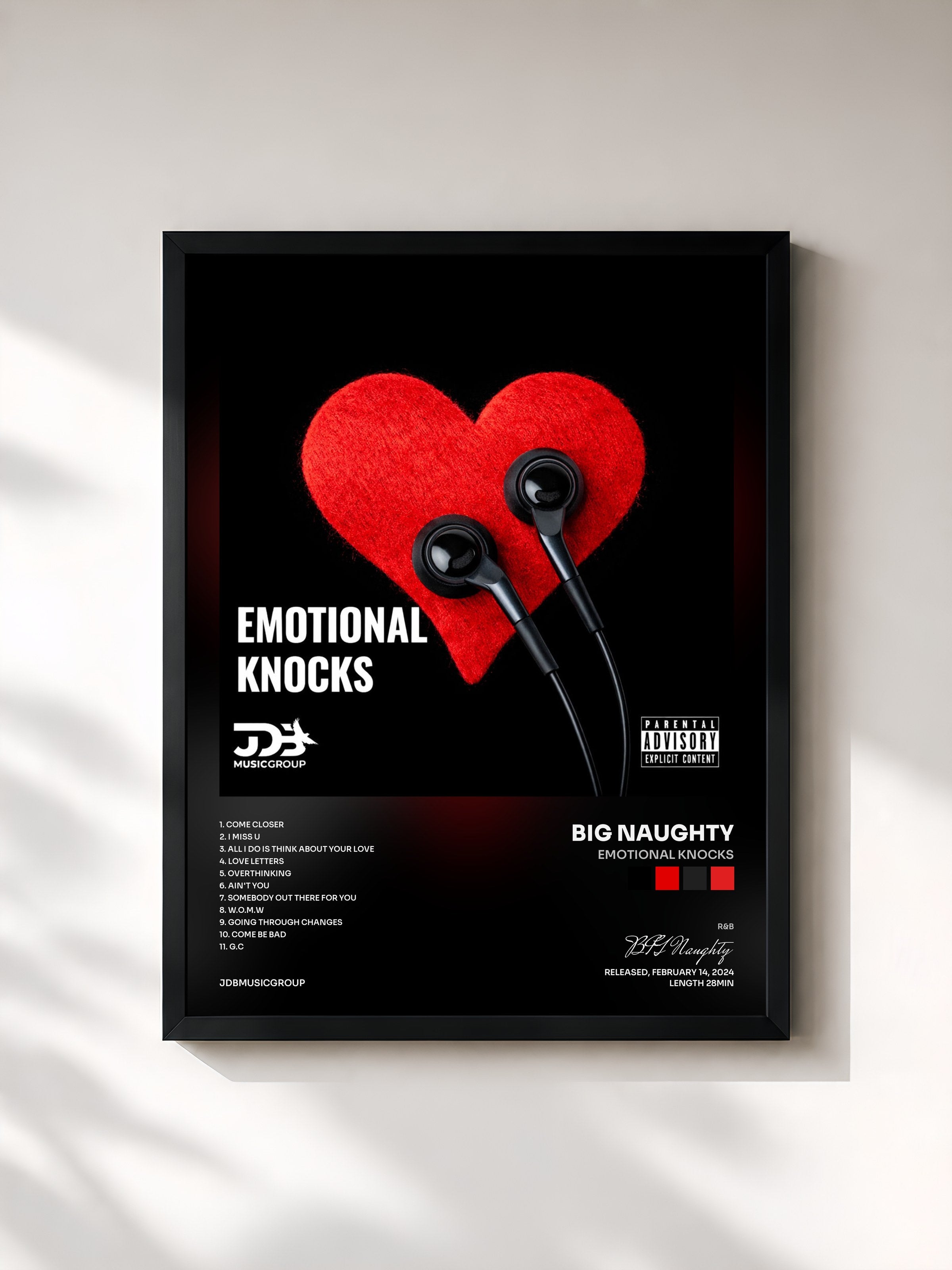 #noir Tableau de l'album Emotional Knocks de BIG Naughty, cadre noir, imprimé et encadré en France
