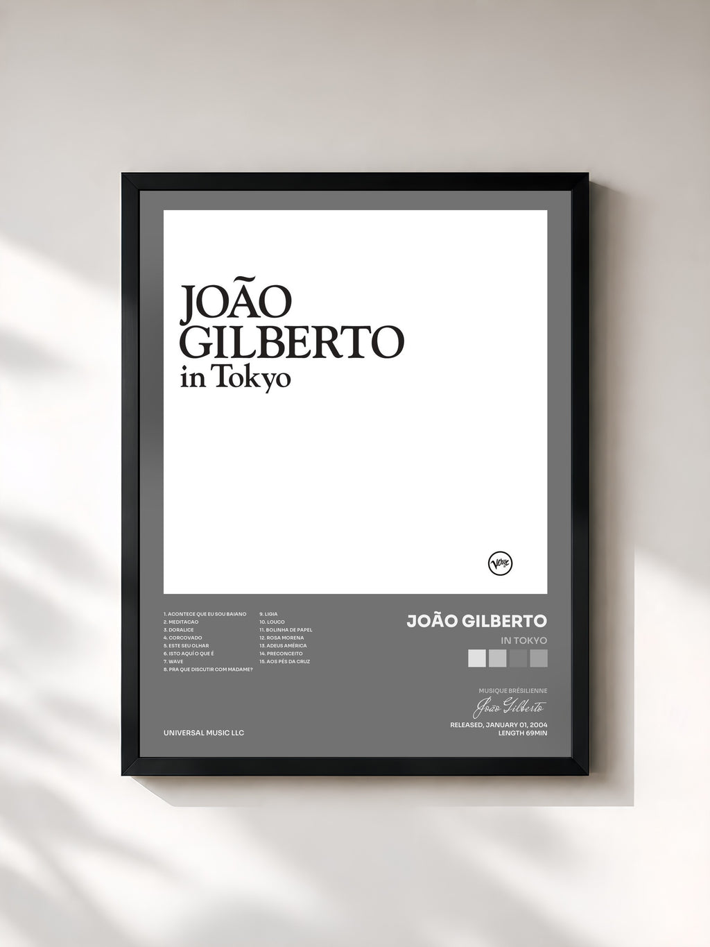 #noir Tableau de l'album In Tokyo de João Gilberto, cadre noir, imprimé et encadré en France