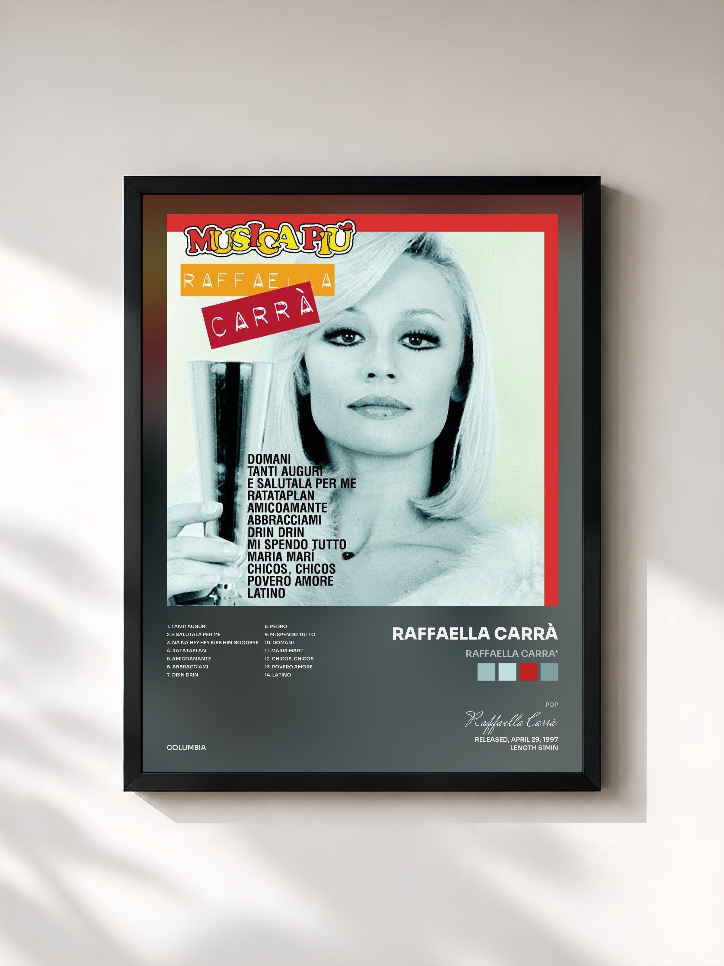 #noir Tableau de l'album Raffaella Carra' de Raffaella Carrà, cadre noir, imprimé et encadré en France