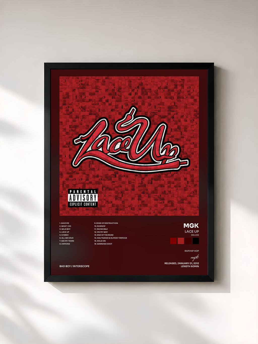 #noir Tableau de l'album Lace Up (Deluxe) de mgk, cadre noir, imprimé et encadré en France