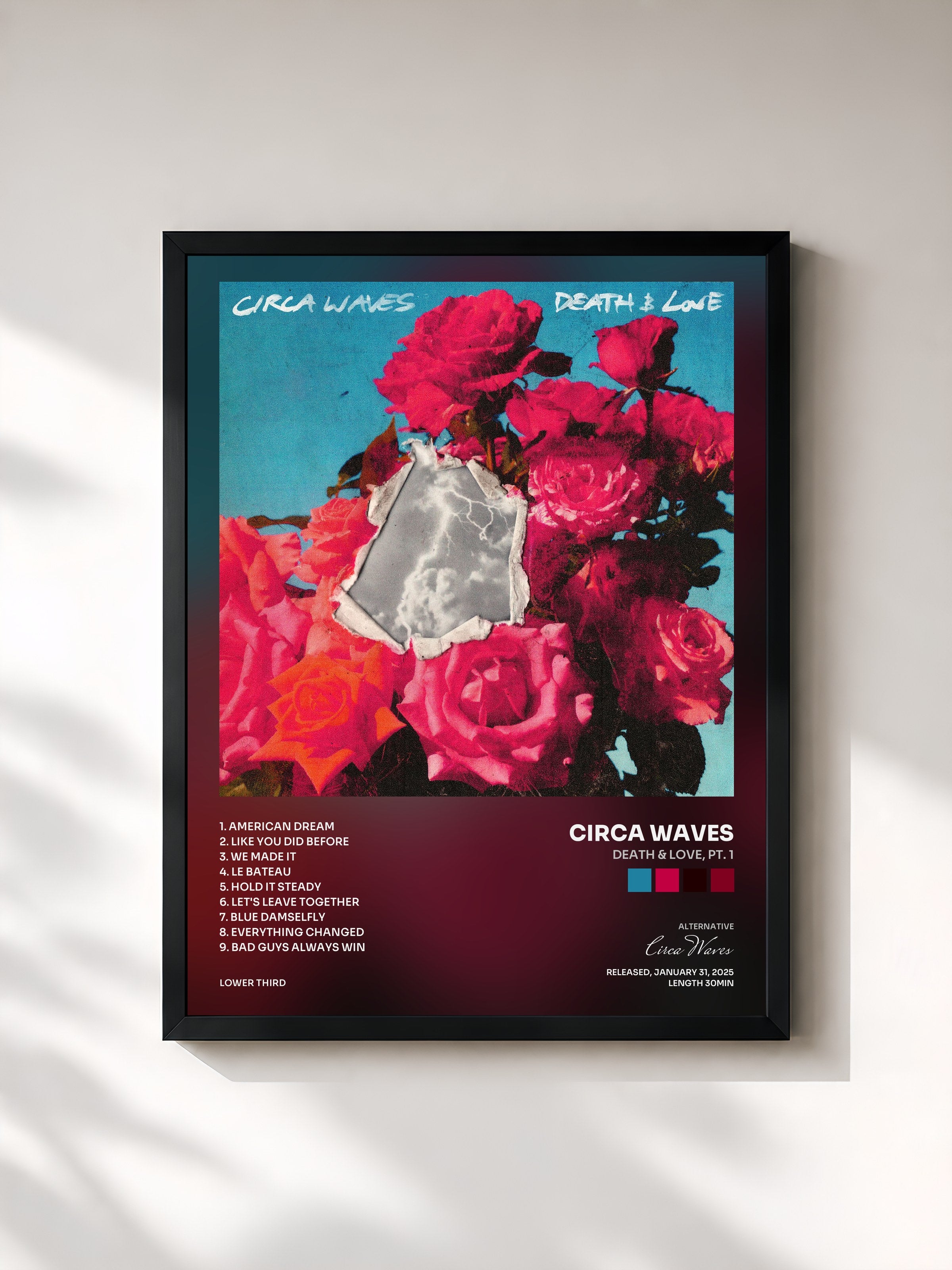 #noir Tableau de l'album Death & Love, Pt. 1 de Circa Waves, cadre noir, imprimé et encadré en France