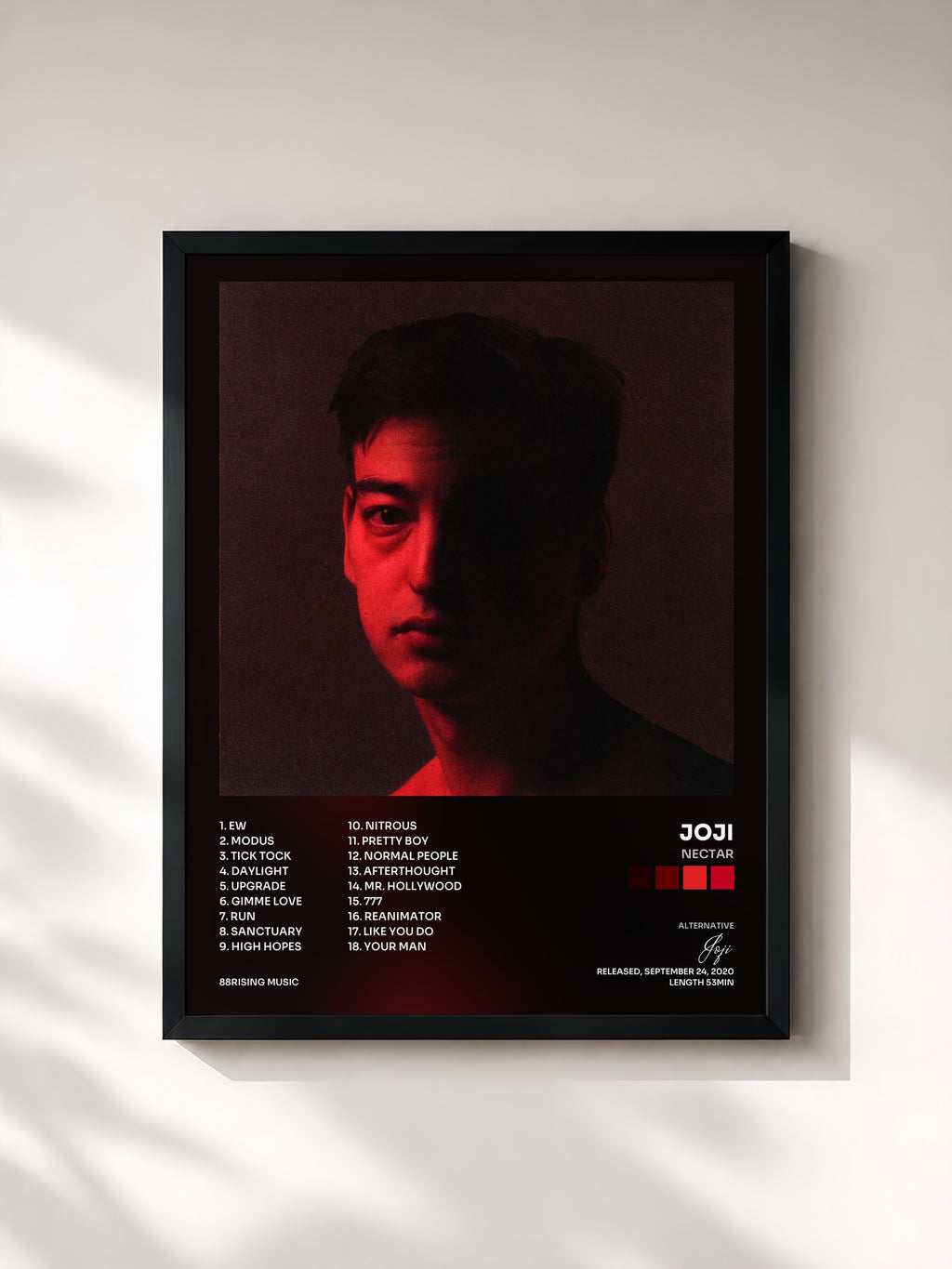 #noir Tableau de l'album Nectar de Joji, cadre noir, imprimé et encadré en France