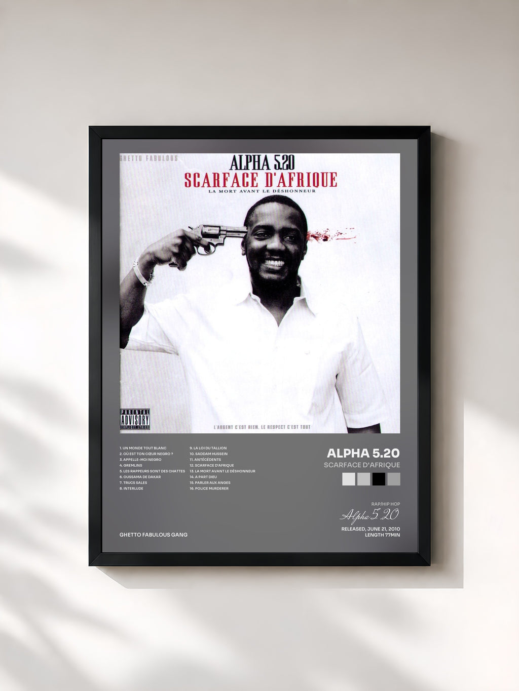 #noir Tableau de l'album Scarface d'Afrique de Alpha 5.20, cadre noir, imprimé et encadré en France