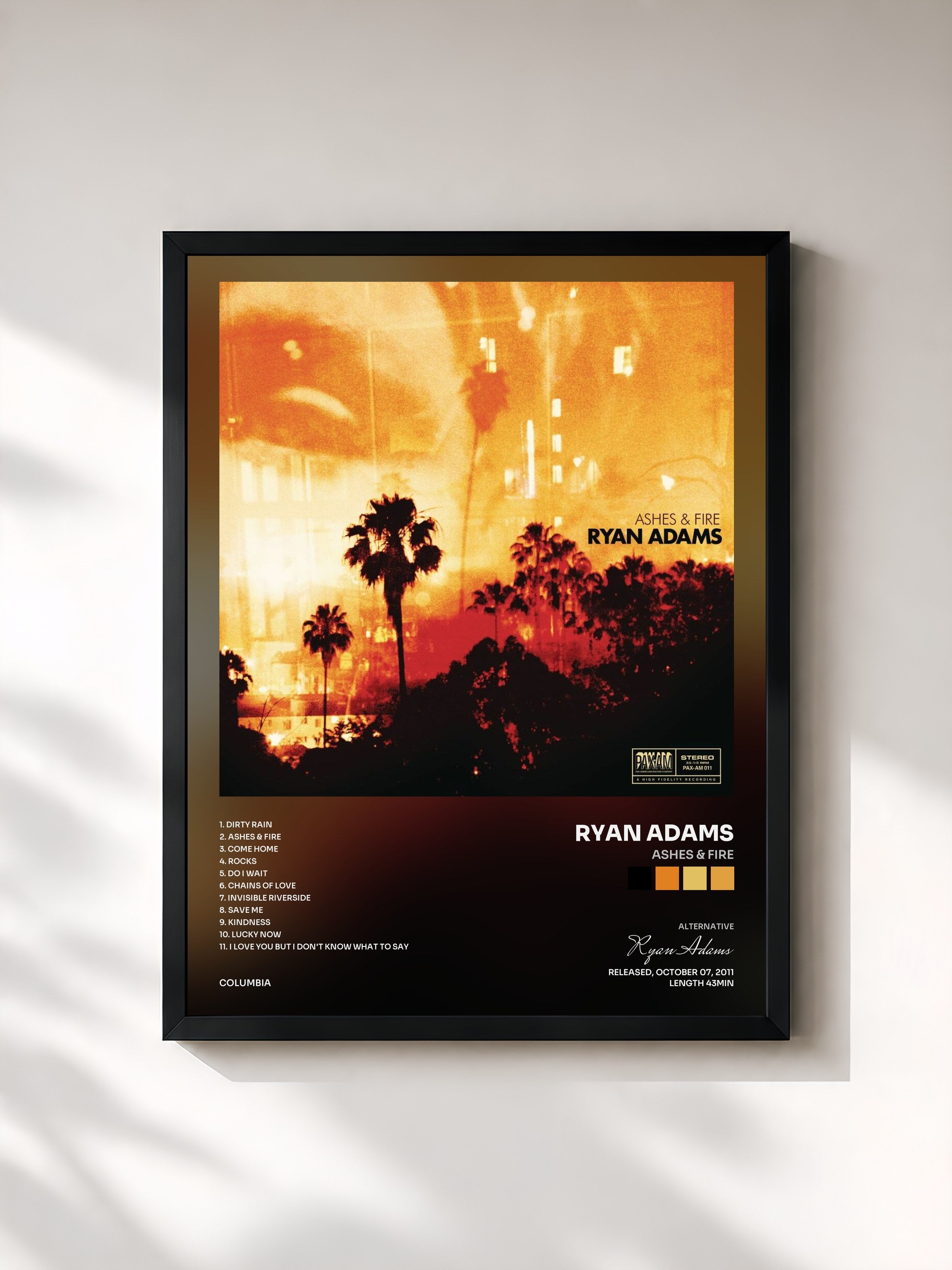 #noir Tableau de l'album Ashes & Fire de Ryan Adams, cadre noir, imprimé et encadré en France
