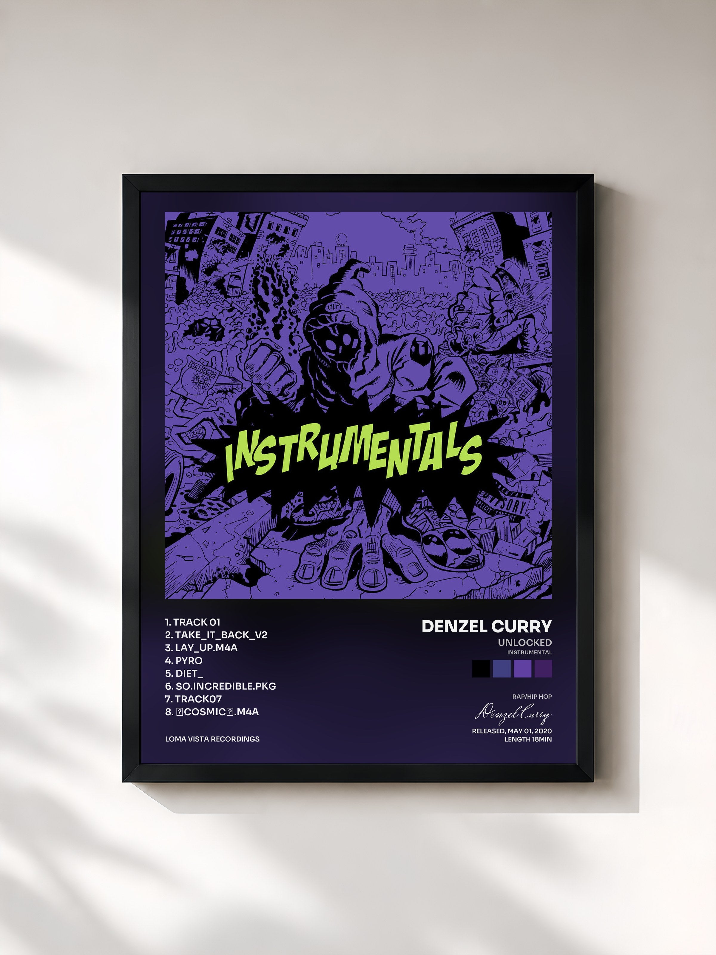 #noir Tableau de l'album UNLOCKED (Instrumental) de Denzel Curry, cadre noir, imprimé et encadré en France