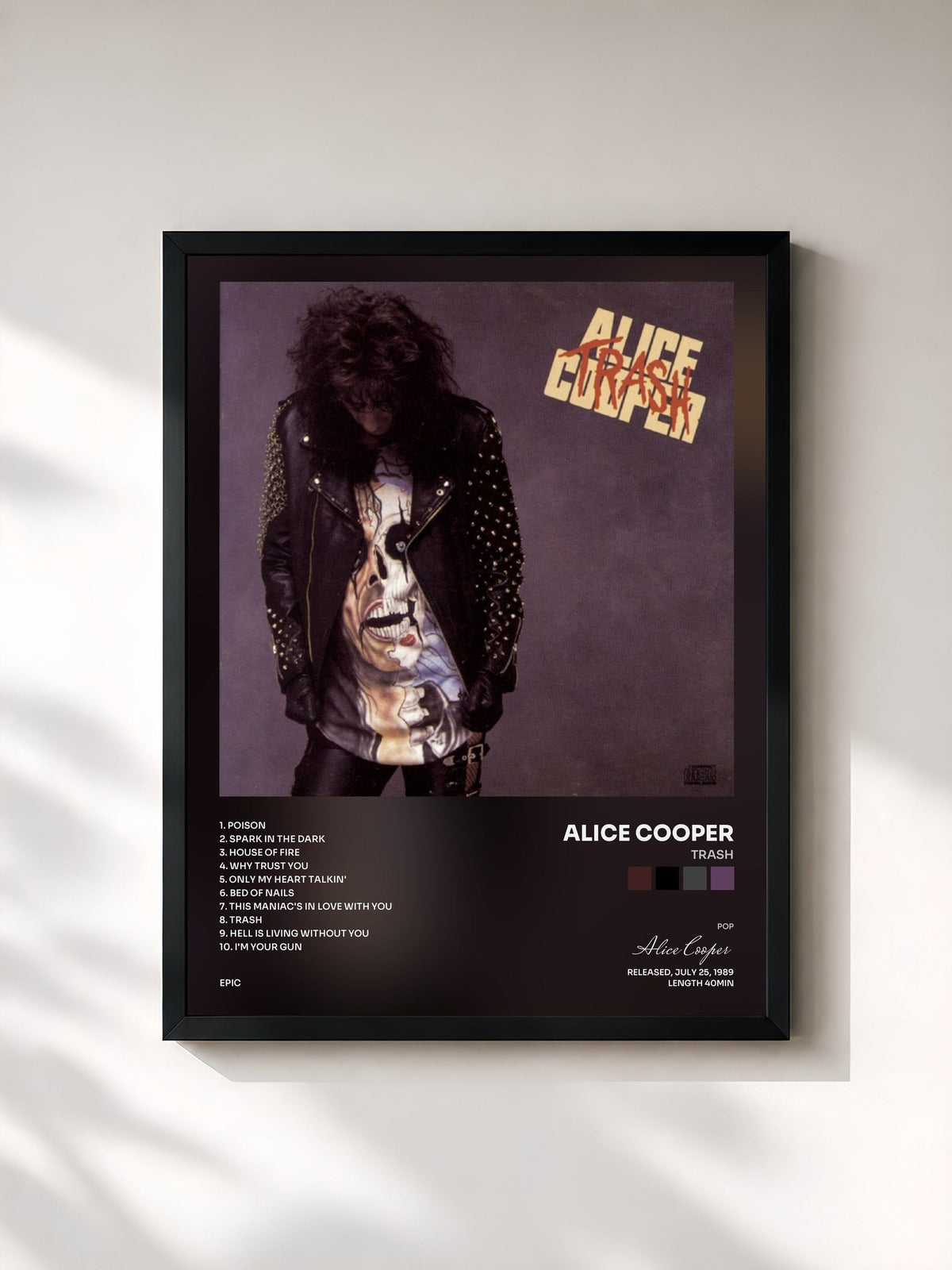 #noir Tableau de l'album Trash de Alice Cooper, cadre noir, imprimé et encadré en France