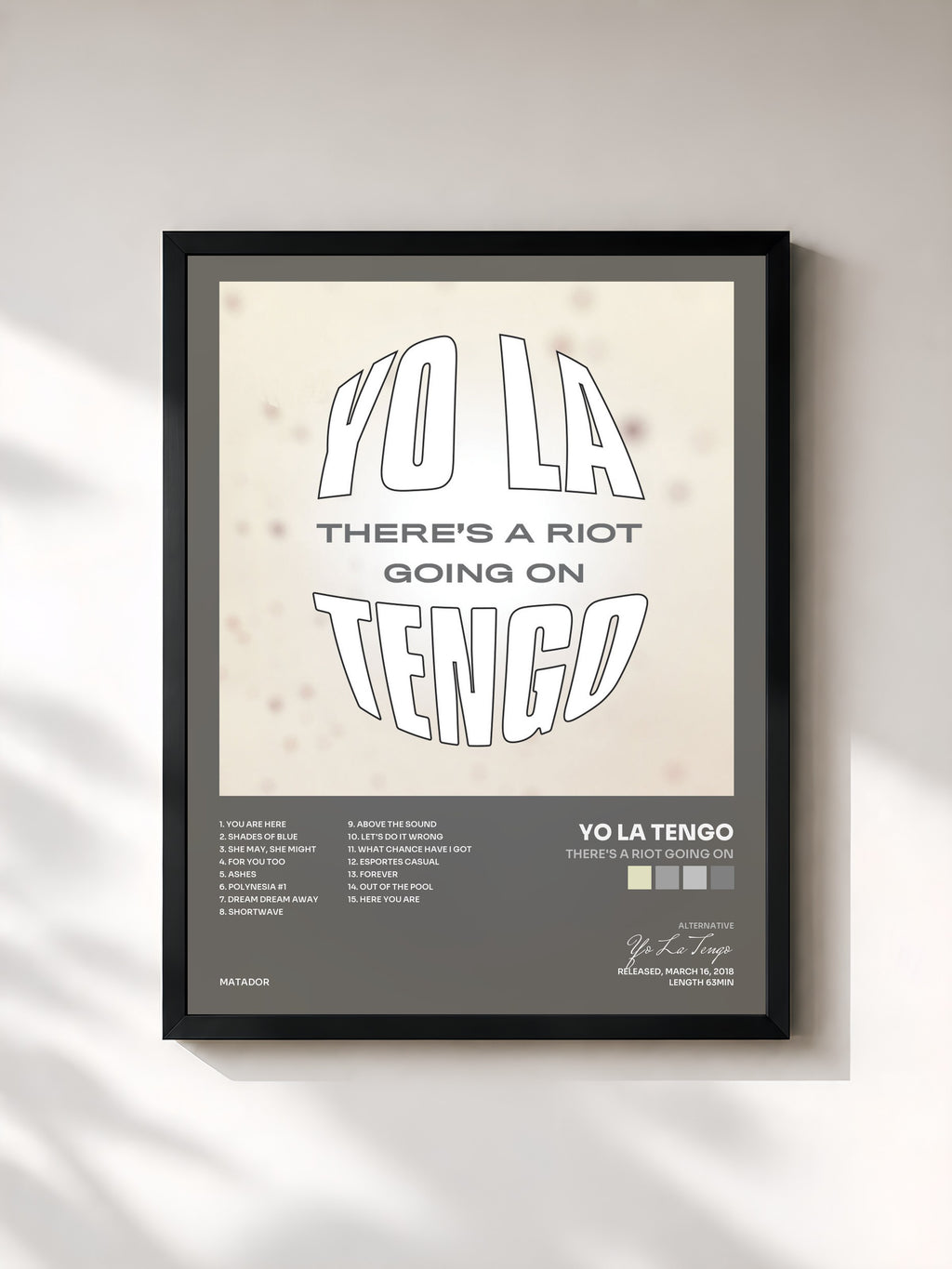 #noir Tableau de l'album There's A Riot Going On de Yo La Tengo, cadre noir, imprimé et encadré en France