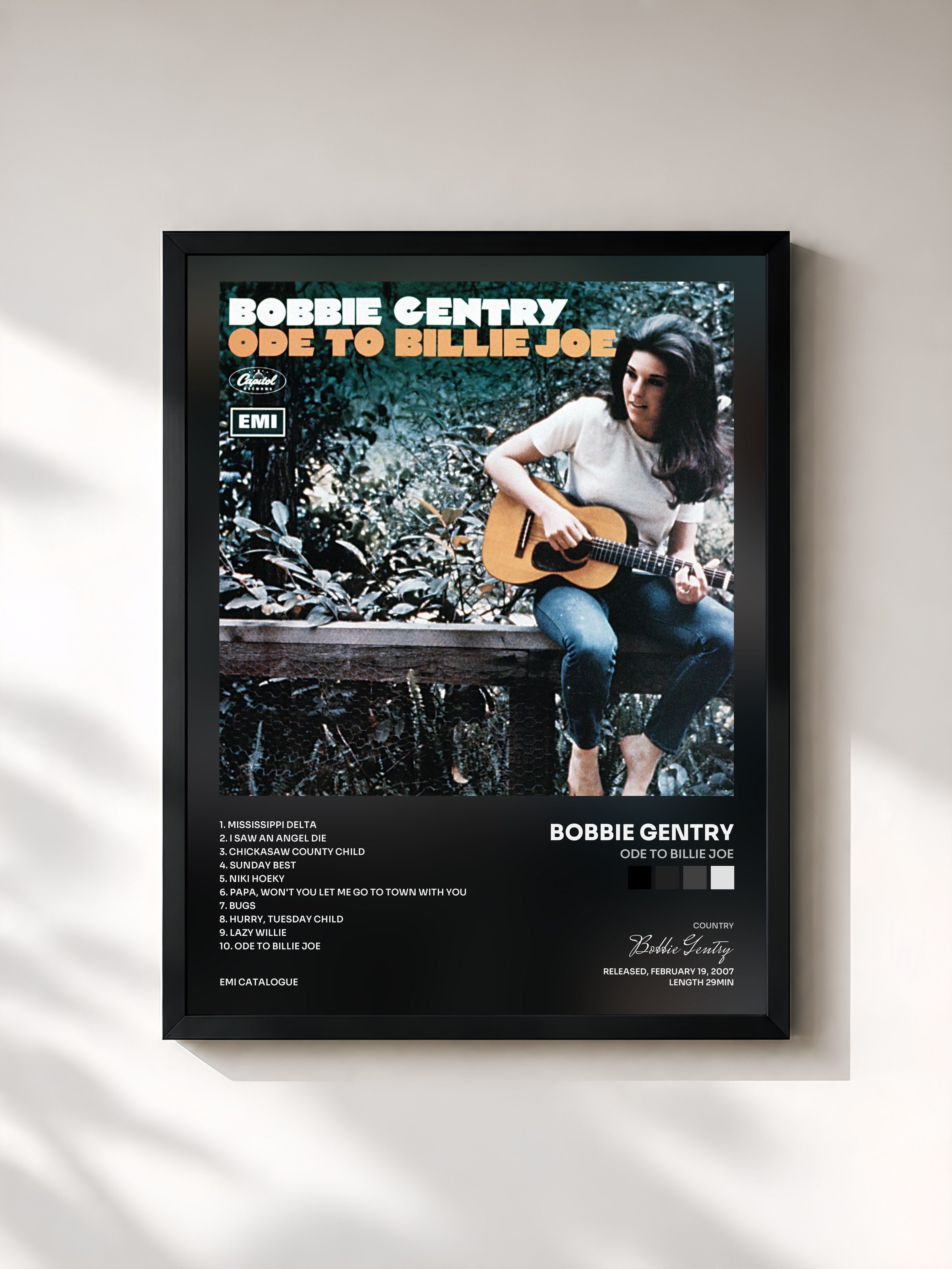 #noir Tableau de l'album Ode To Billie Joe de Bobbie Gentry, cadre noir, imprimé et encadré en France