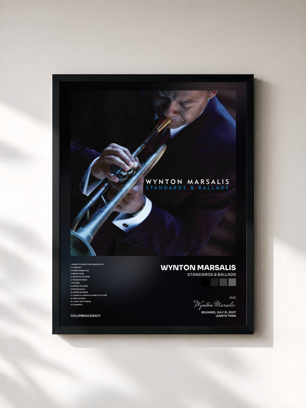 #noir Tableau de l'album Standards & Ballads de Wynton Marsalis, cadre noir, imprimé et encadré en France