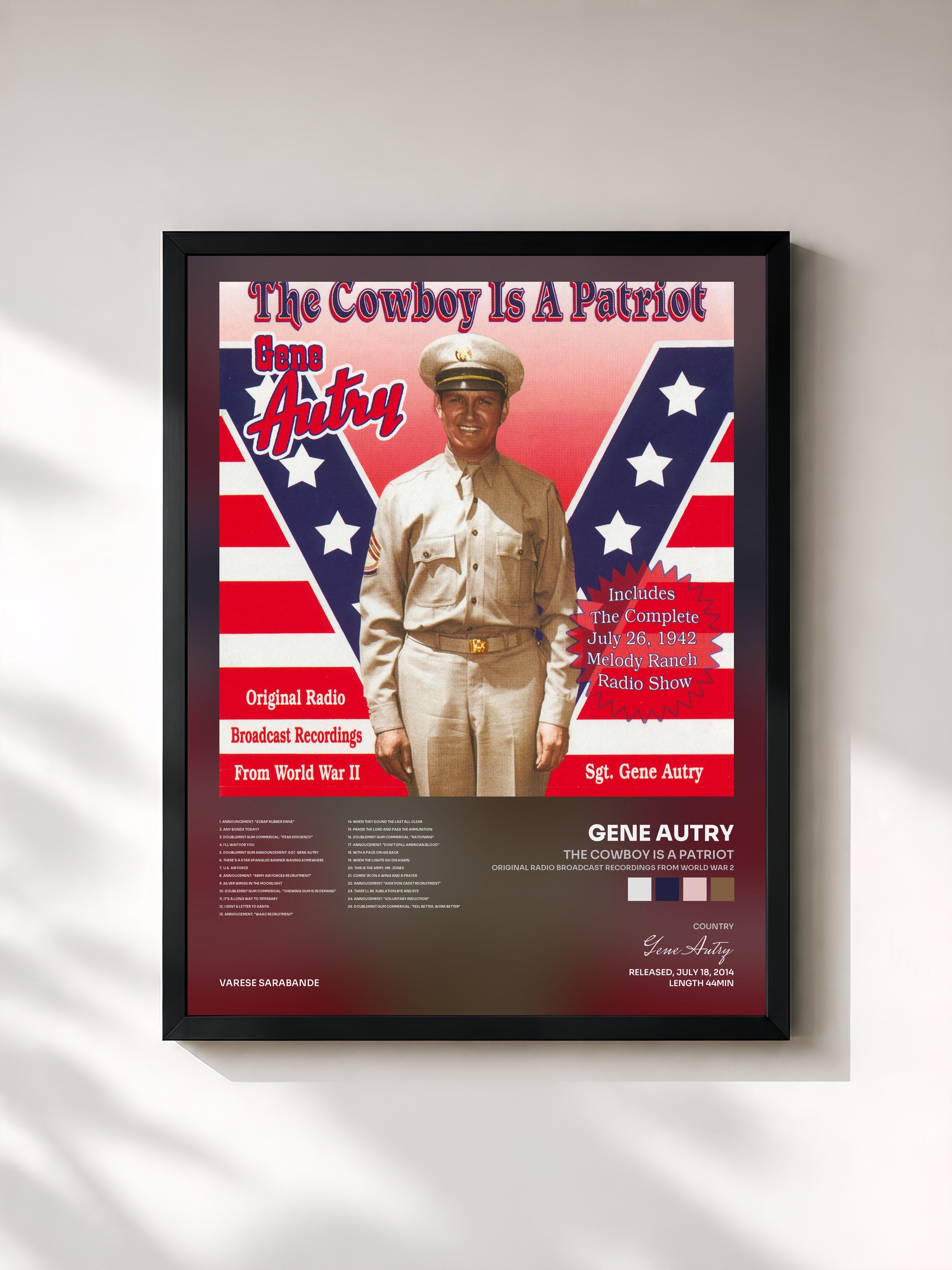 #noir Tableau de l'album The Cowboy Is A Patriot (Original Radio Broadcast Recordings From World War 2) de Gene Autry, cadre noir, imprimé et encadré en France