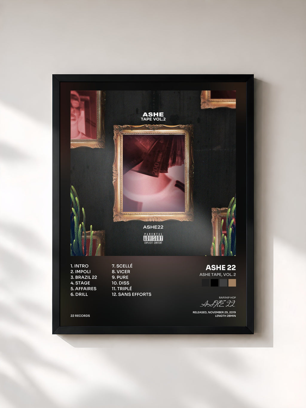 #noir Tableau de l'album Ashe Tape, Vol. 2 de ASHE 22, cadre noir, imprimé et encadré en France