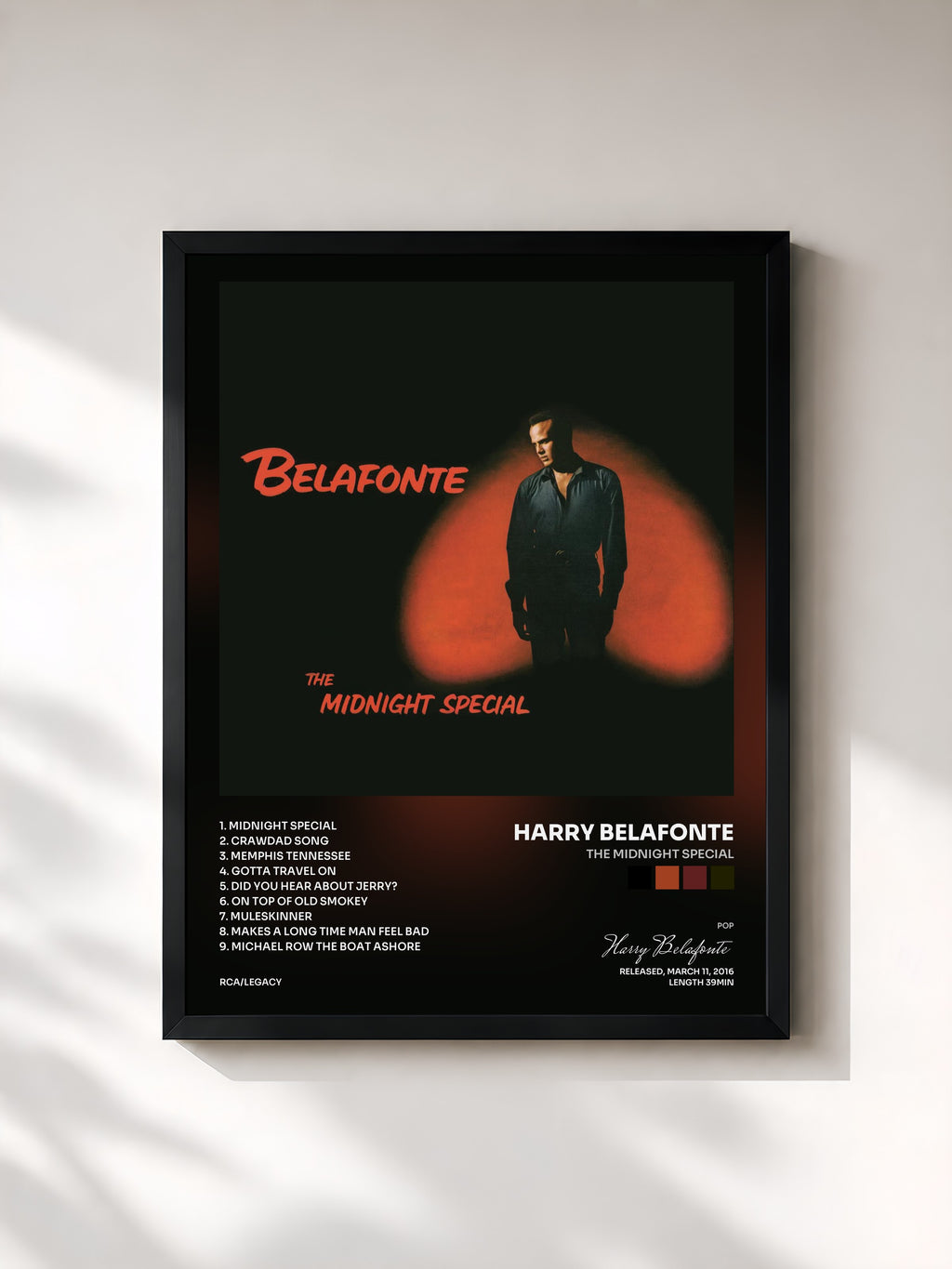 #noir Tableau de l'album The Midnight Special de Harry Belafonte, cadre noir, imprimé et encadré en France