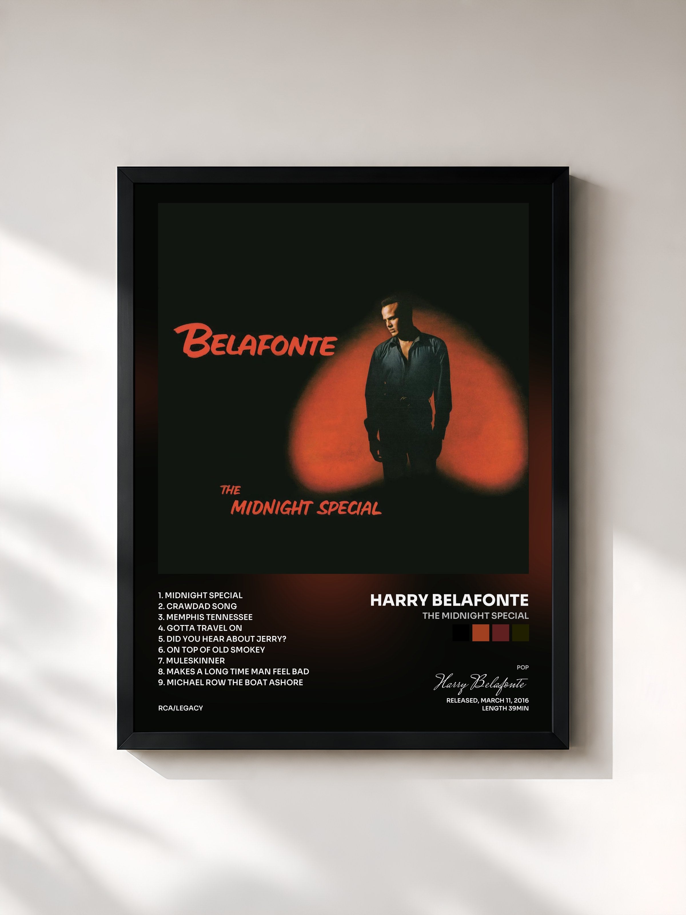 #noir Tableau de l'album The Midnight Special de Harry Belafonte, cadre noir, imprimé et encadré en France