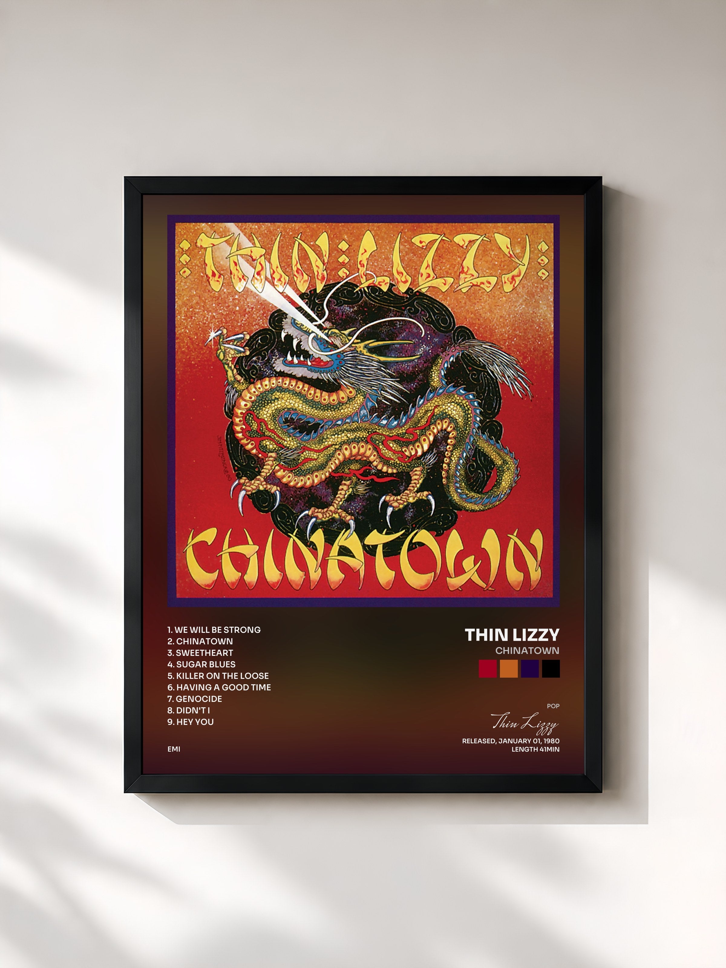 #noir Tableau de l'album Chinatown de Thin Lizzy, cadre noir, imprimé et encadré en France
