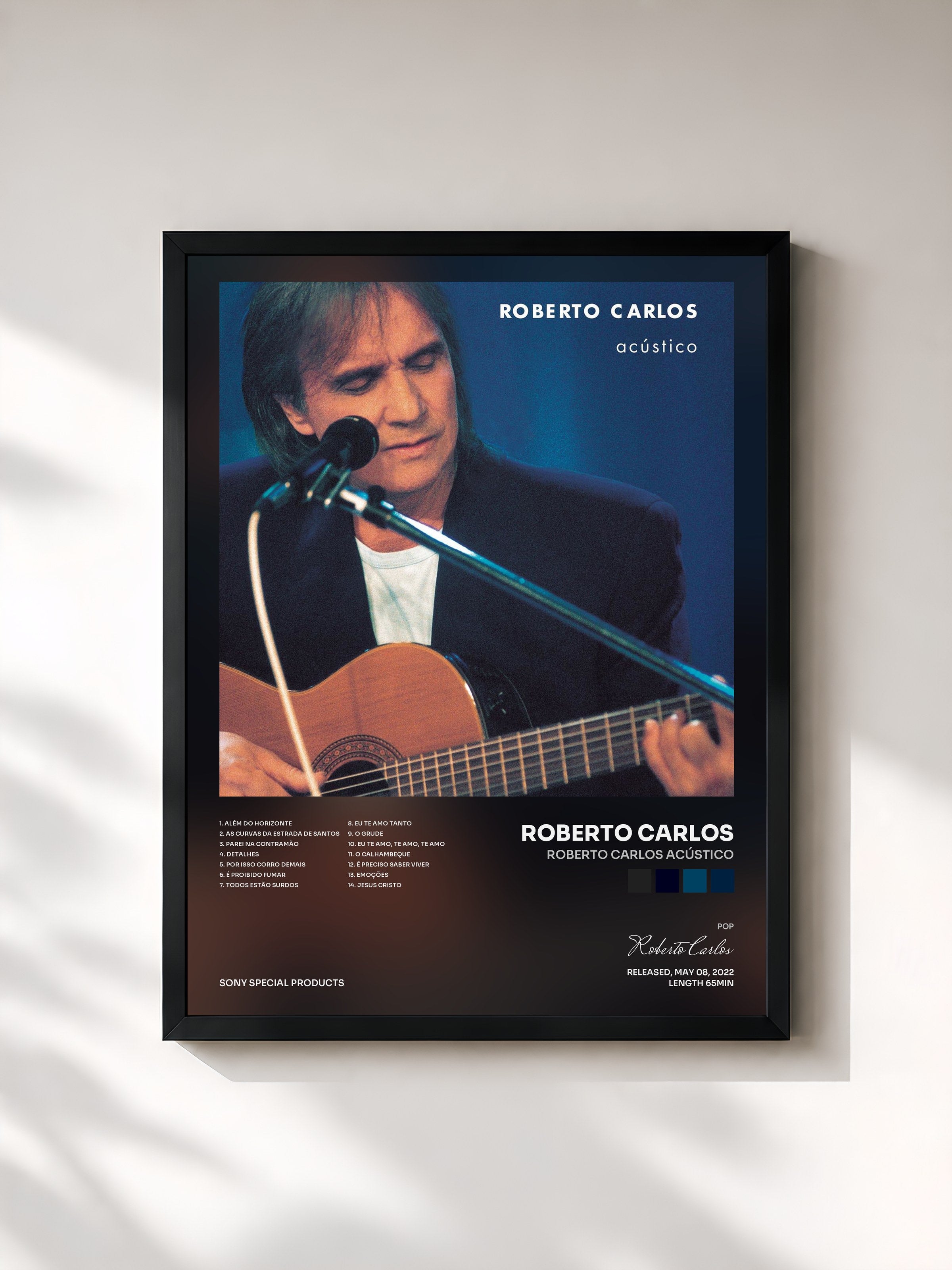 #noir Tableau de l'album Roberto Carlos Acústico de Roberto Carlos, cadre noir, imprimé et encadré en France