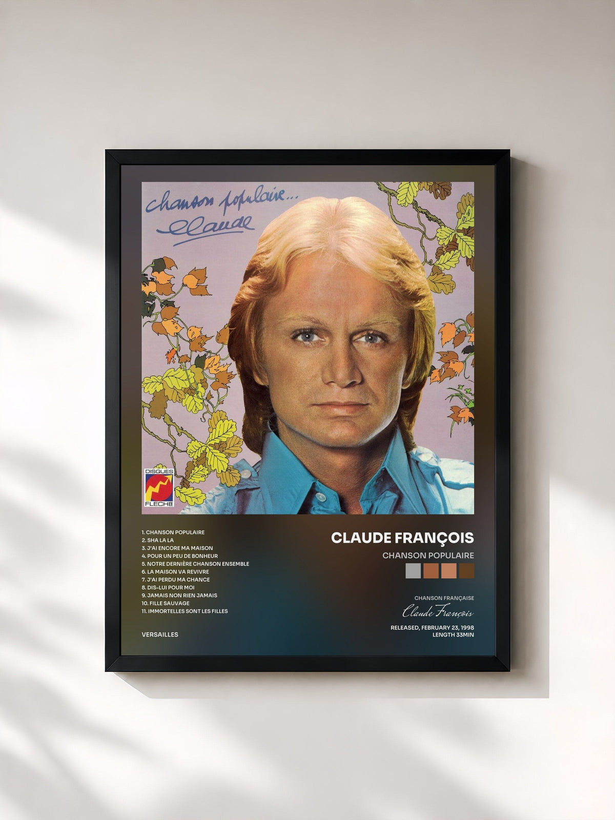 #noir Tableau de l'album Chanson populaire de Claude François, cadre noir, imprimé et encadré en France