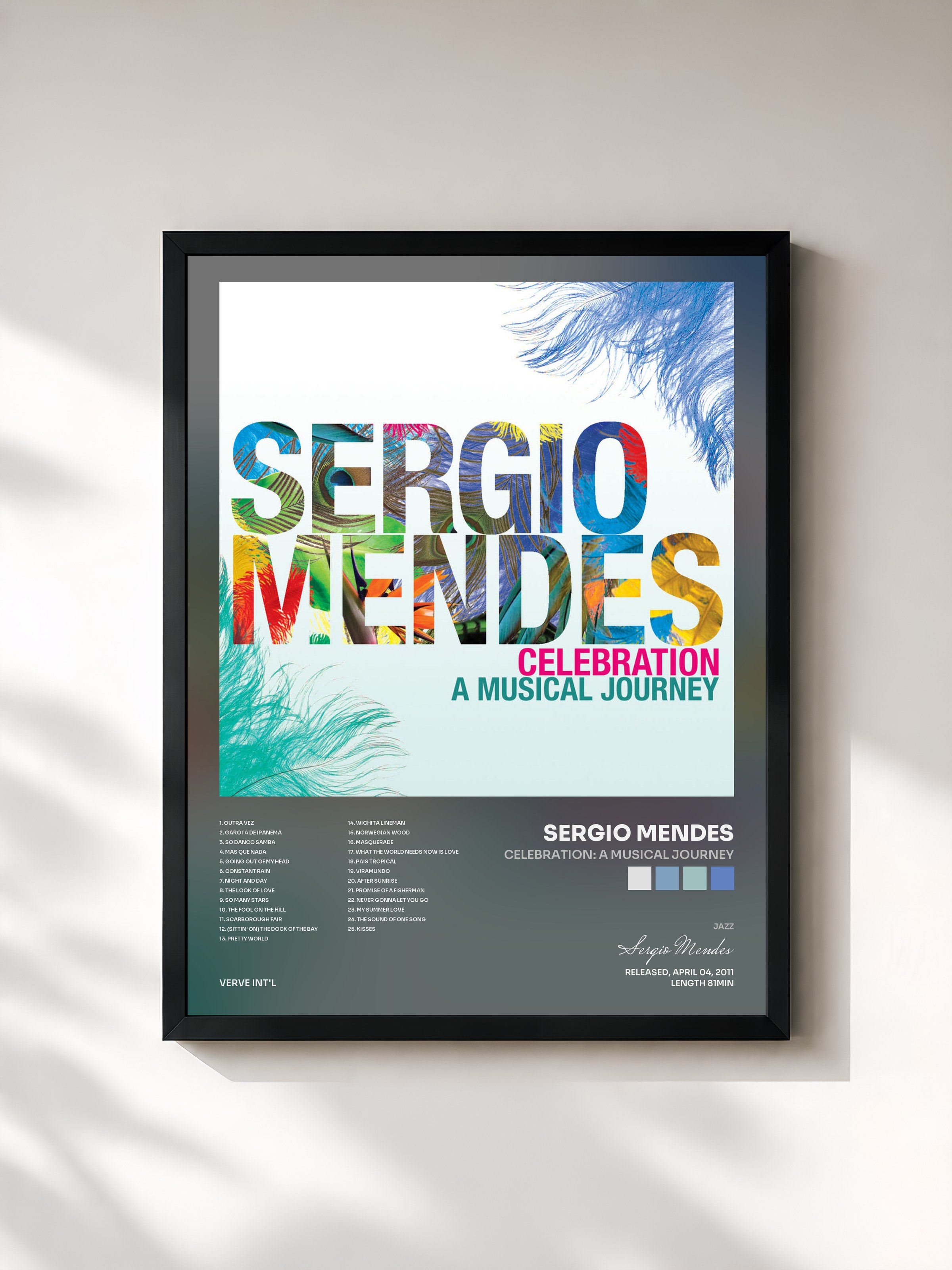 #noir Tableau de l'album Celebration: A Musical Journey de Sergio Mendes, cadre noir, imprimé et encadré en France