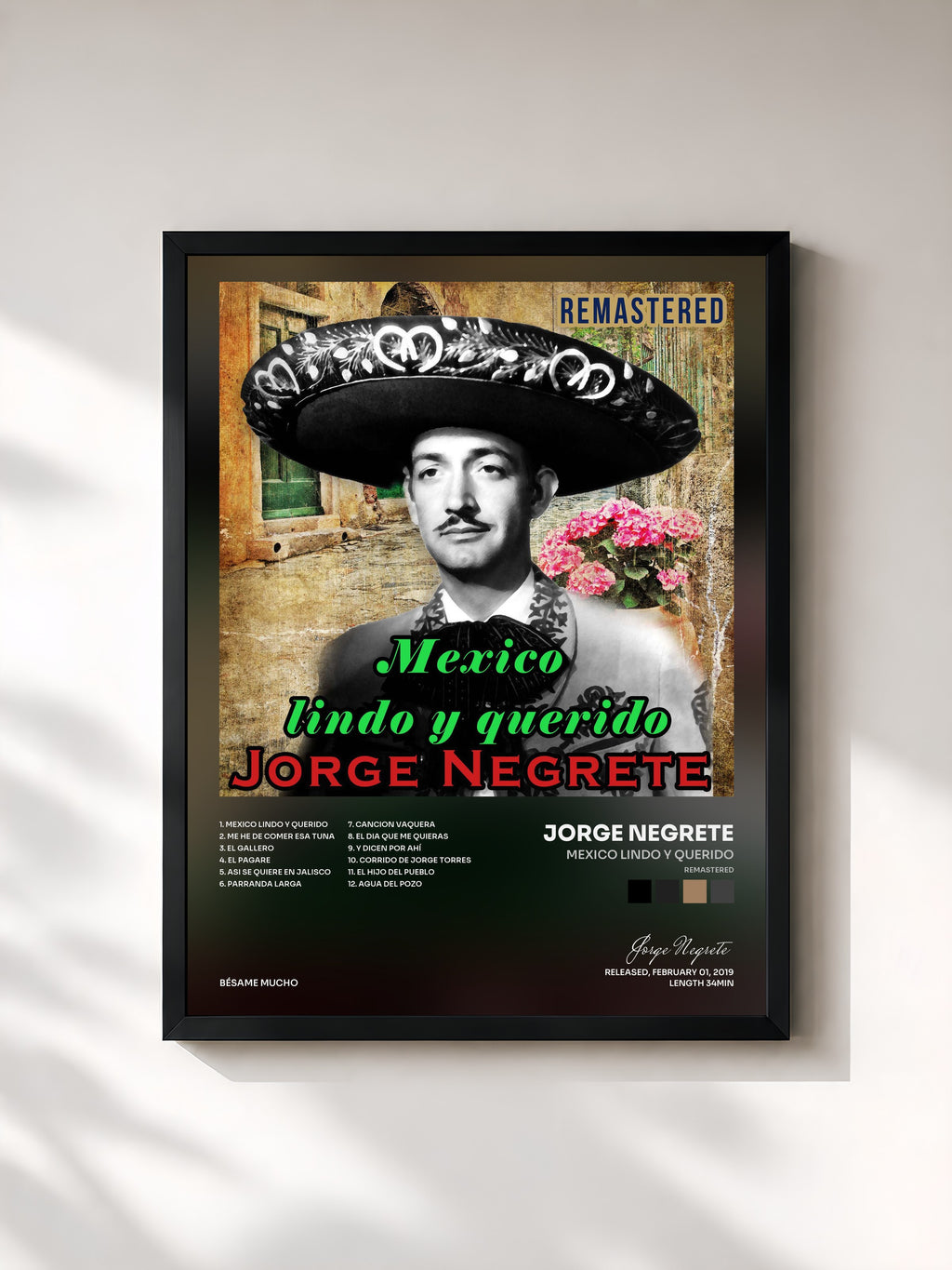 #noir Tableau de l'album Mexico Lindo y Querido (Remastered) de Jorge Negrete, cadre noir, imprimé et encadré en France