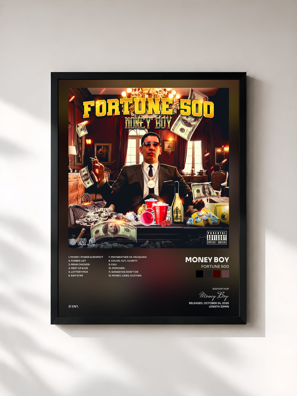 #noir Tableau de l'album Fortune 500 de Money Boy, cadre noir, imprimé et encadré en France