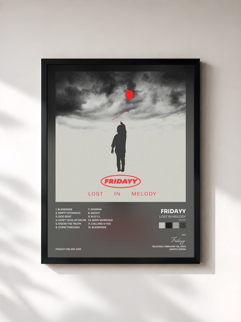 #noir Tableau de l'album Lost In Melody (Deluxe) de Fridayy, cadre noir, imprimé et encadré en France