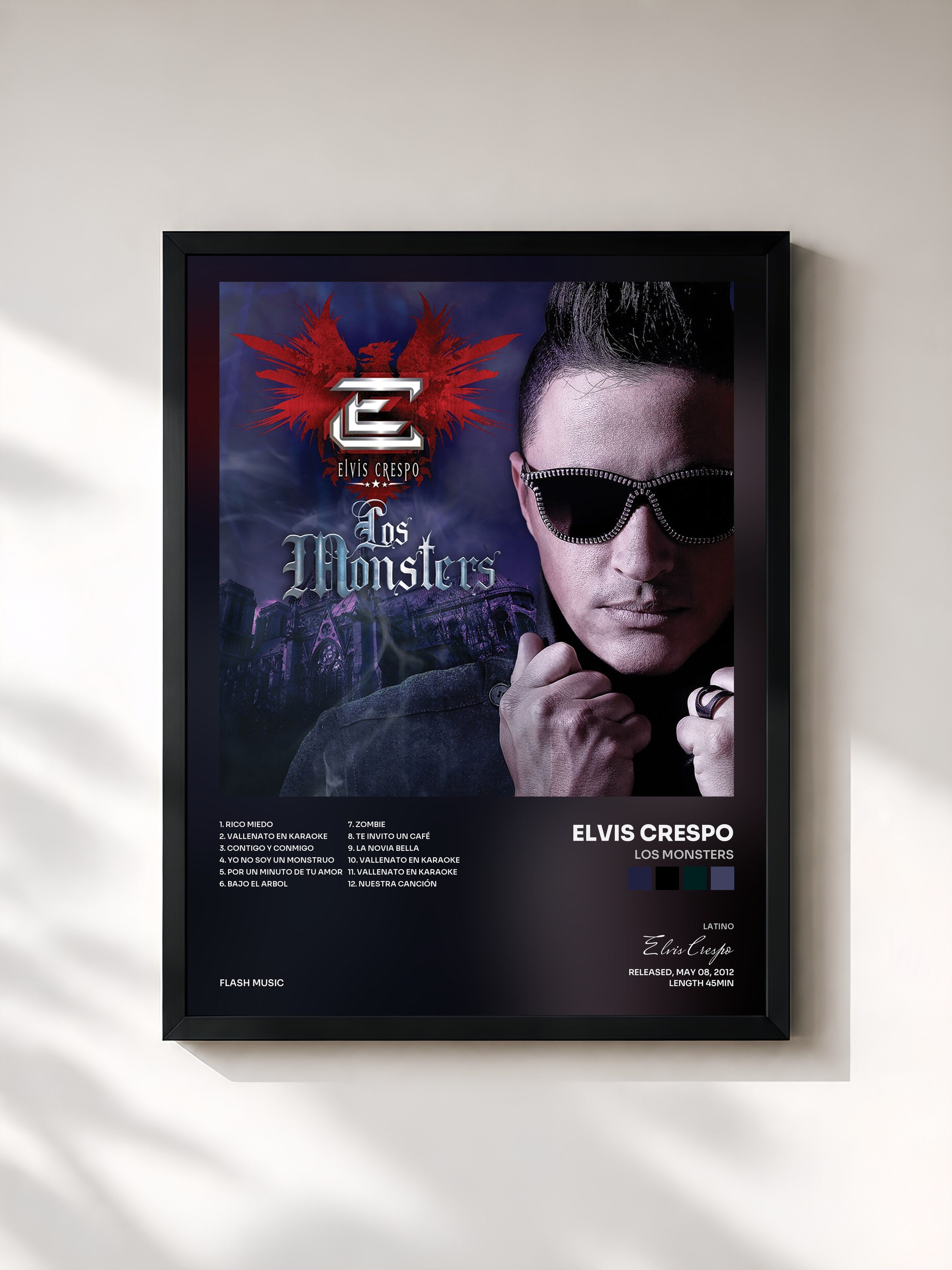 #noir Tableau de l'album Los Monsters de Elvis Crespo, cadre noir, imprimé et encadré en France