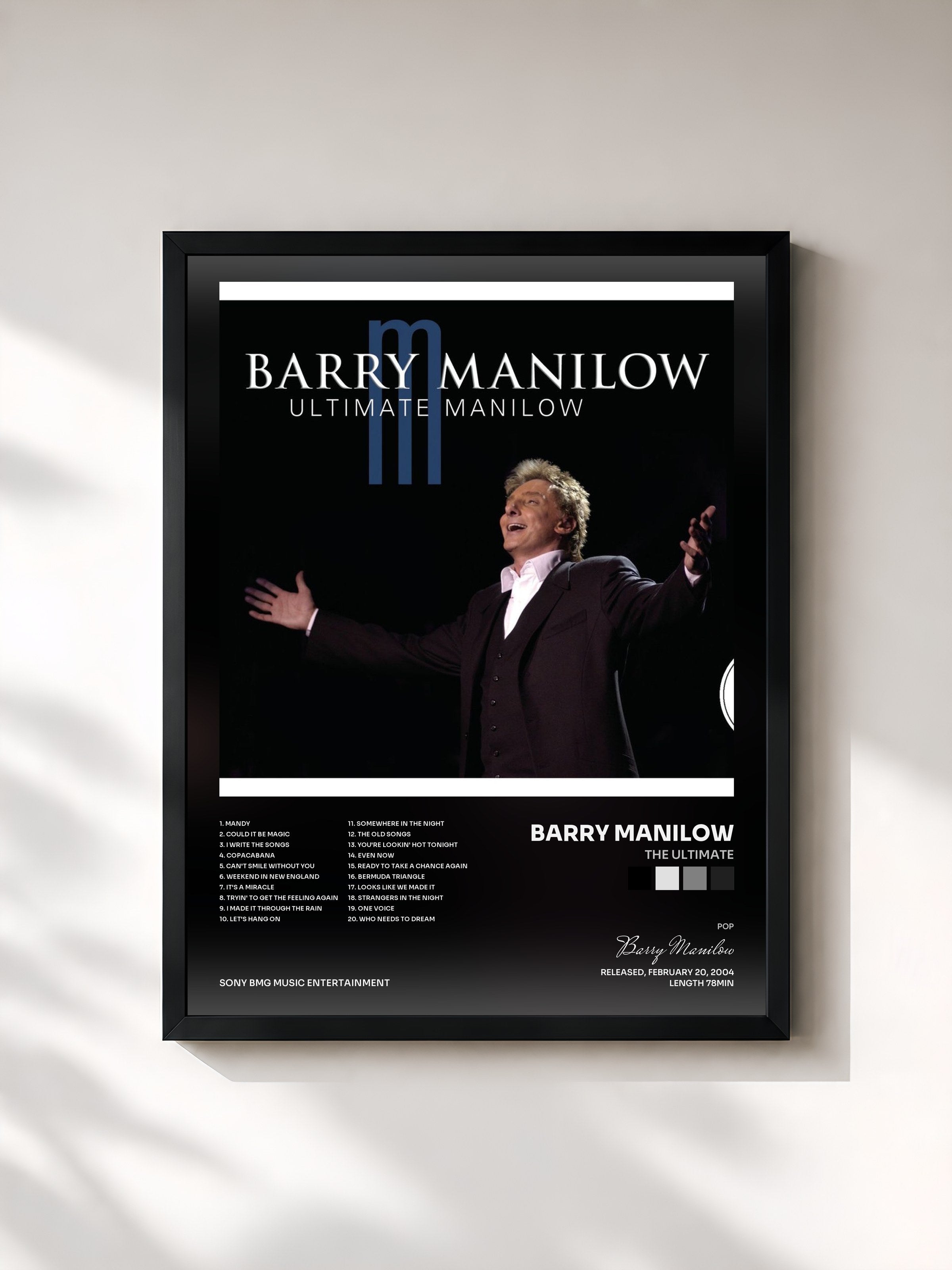#noir Tableau de l'album The Ultimate de Barry Manilow, cadre noir, imprimé et encadré en France