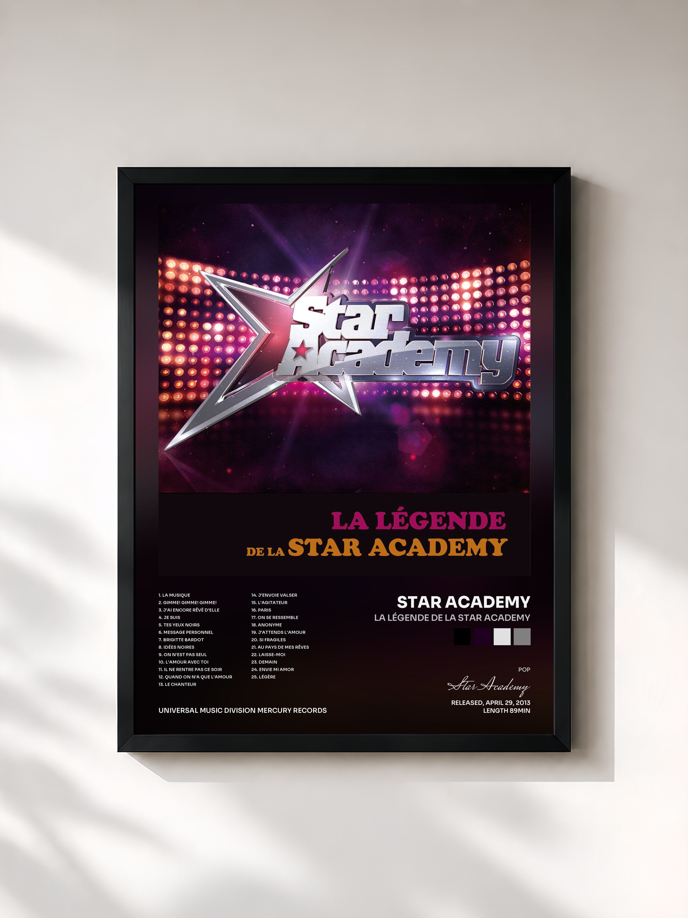 #noir Tableau de l'album La Légende De La Star Academy de Star Academy, cadre noir, imprimé et encadré en France