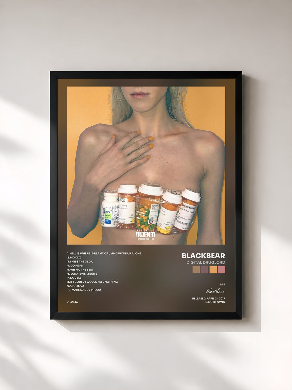 #noir Tableau de l'album digital druglord de blackbear, cadre noir, imprimé et encadré en France
