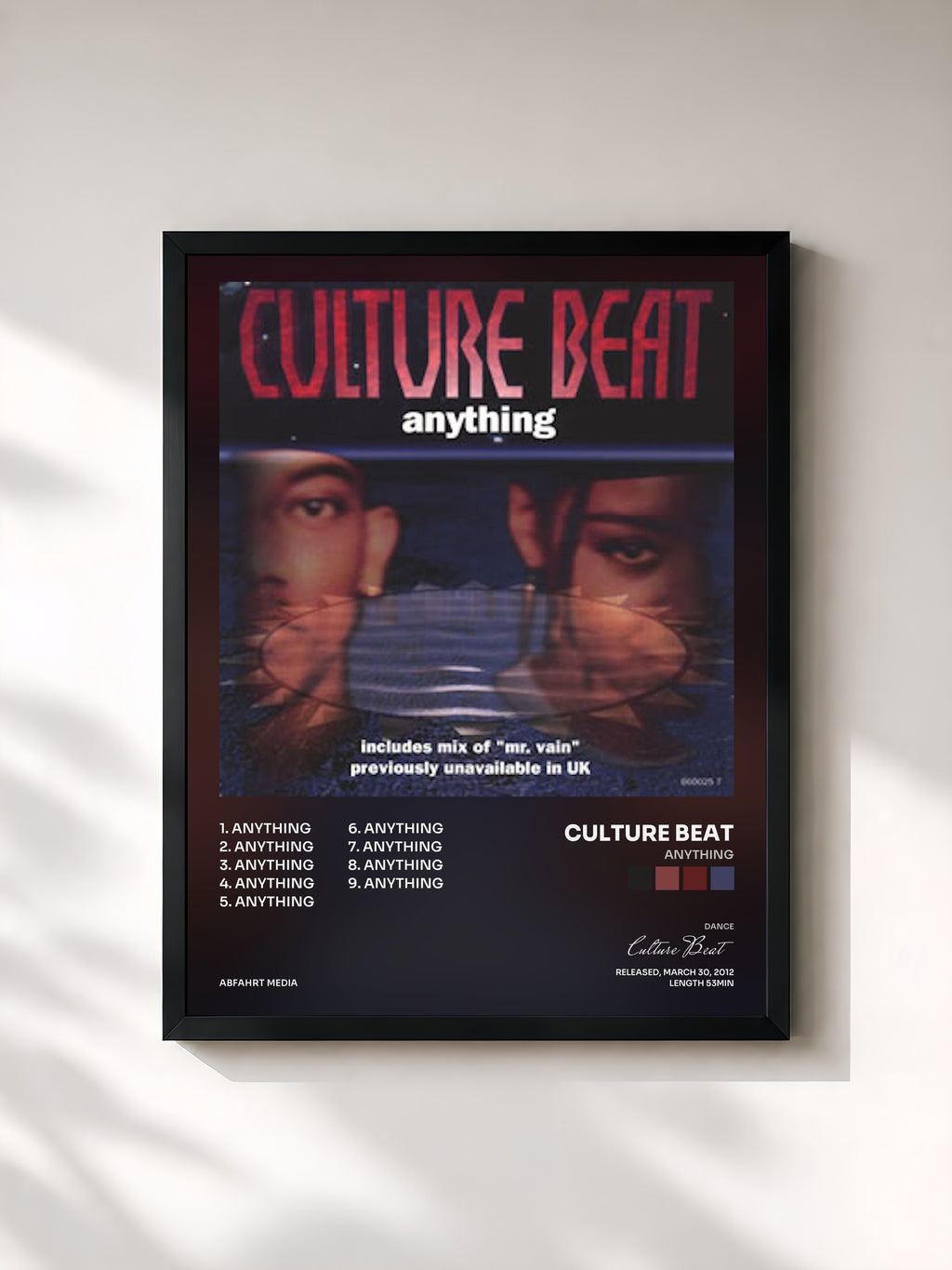 #noir Tableau de l'album Anything de Culture Beat, cadre noir, imprimé et encadré en France