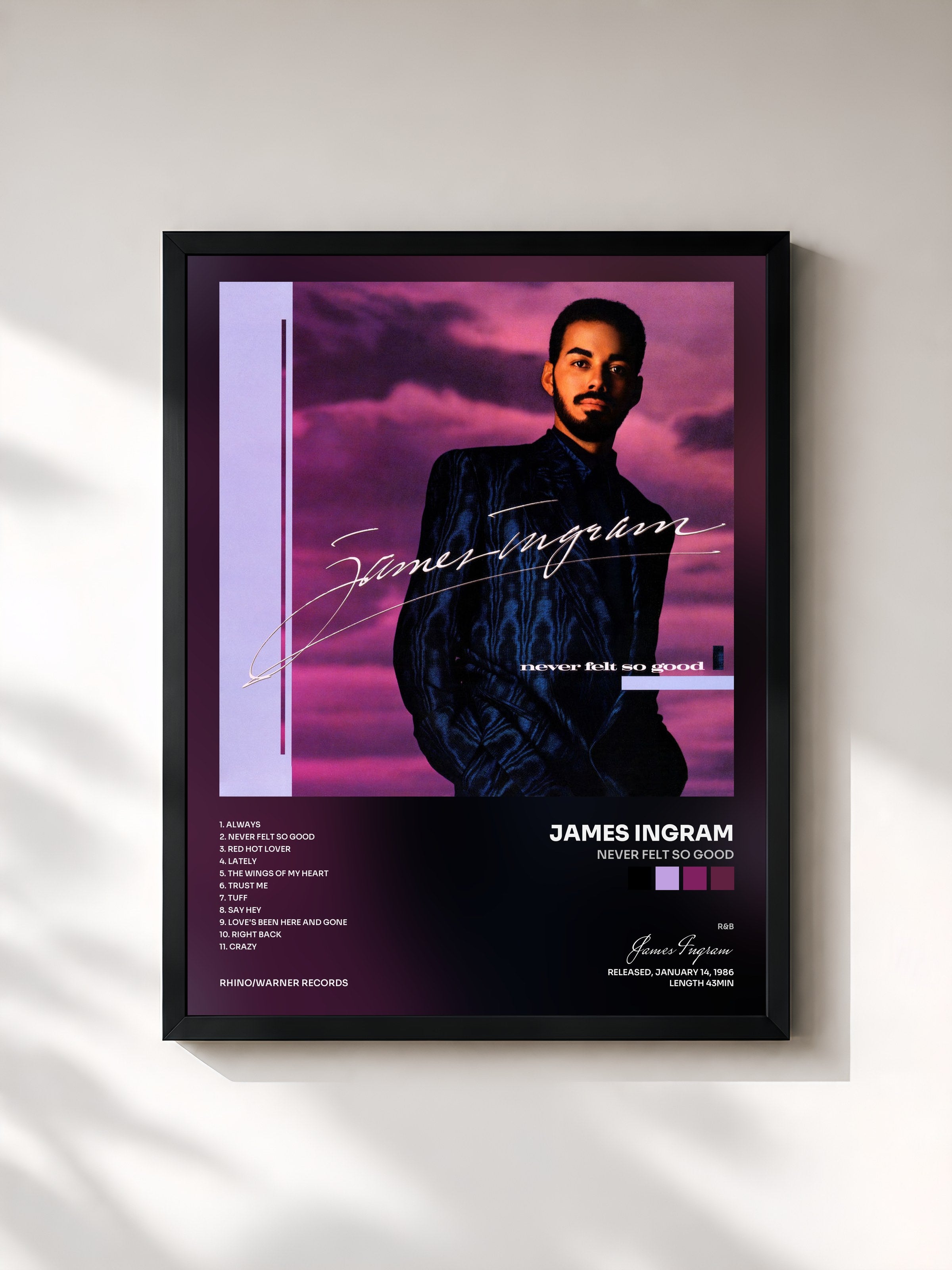 #noir Tableau de l'album Never Felt So Good de James Ingram, cadre noir, imprimé et encadré en France
