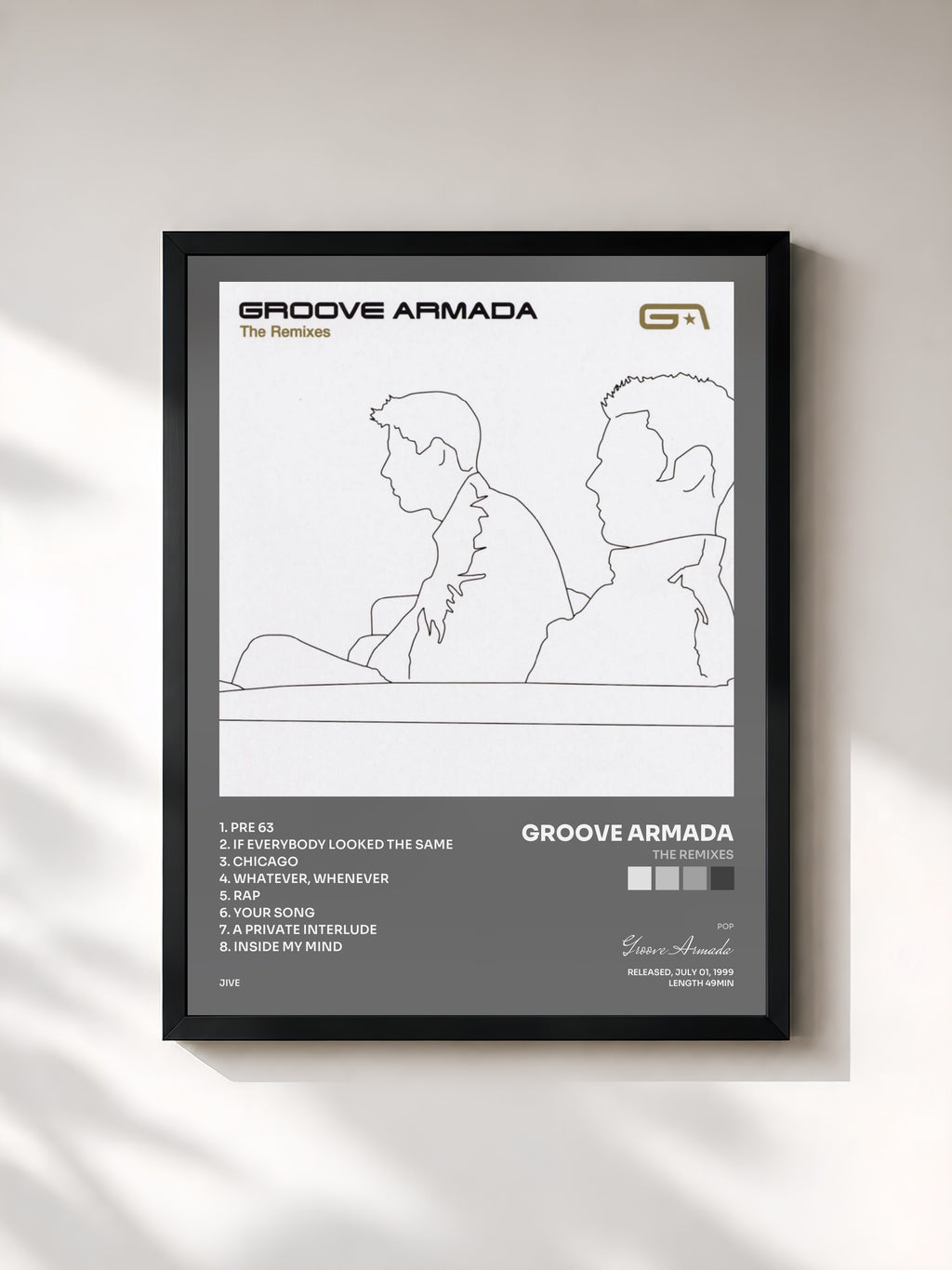 #noir Tableau de l'album The Remixes de Groove Armada, cadre noir, imprimé et encadré en France