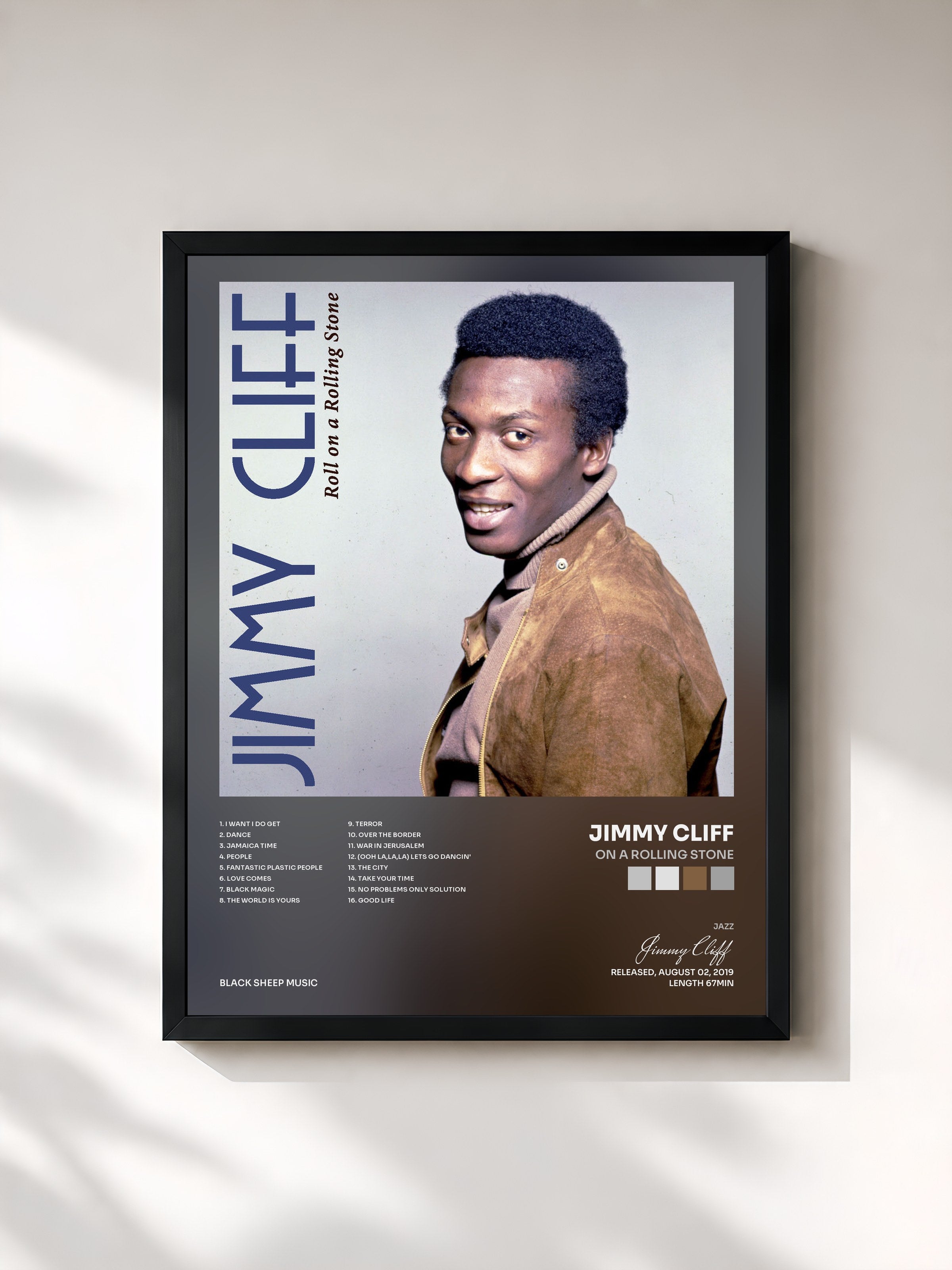 #noir Tableau de l'album On a Rolling Stone de Jimmy Cliff, cadre noir, imprimé et encadré en France