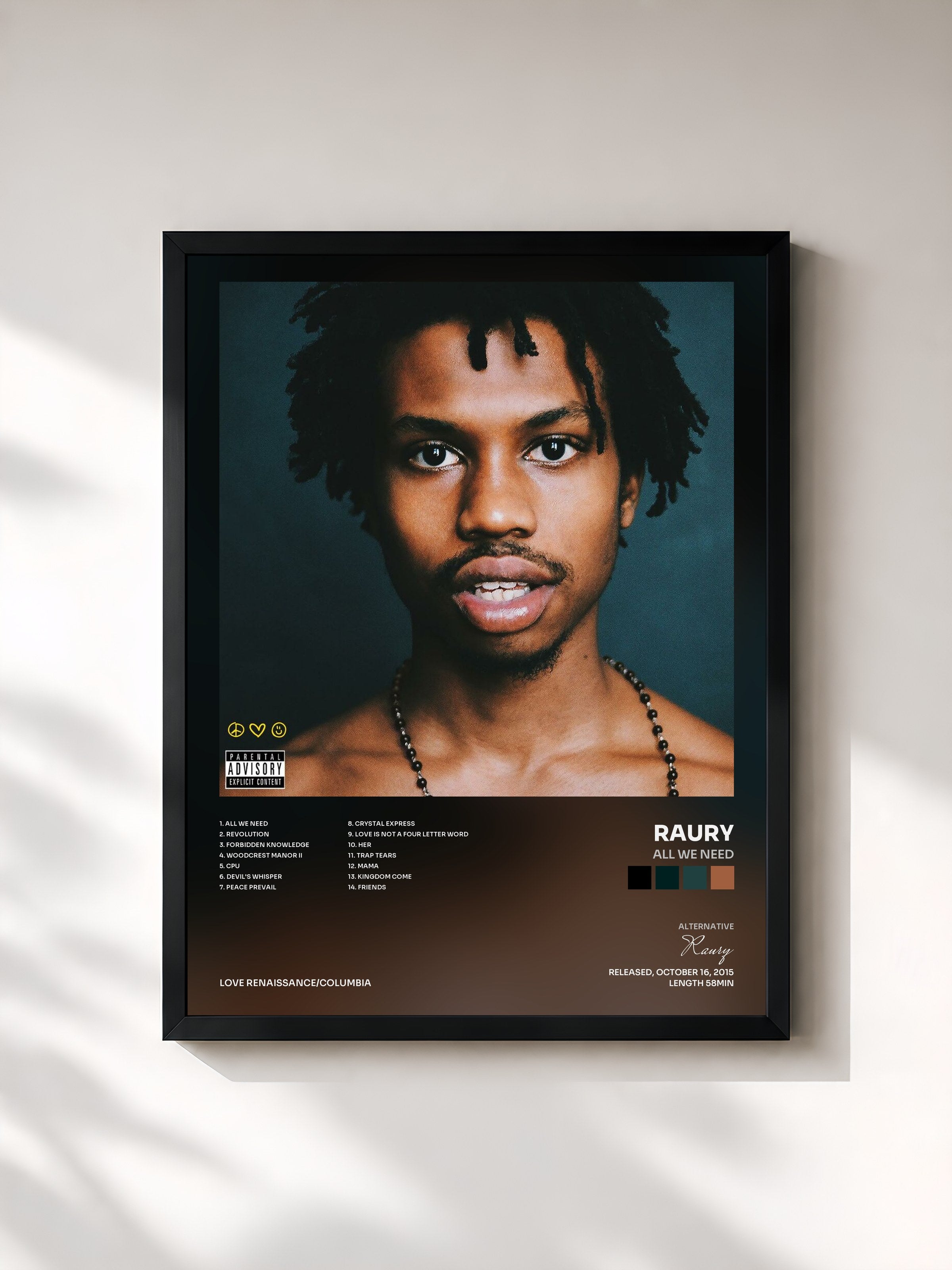 #noir Tableau de l'album All We Need de Raury, cadre noir, imprimé et encadré en France
