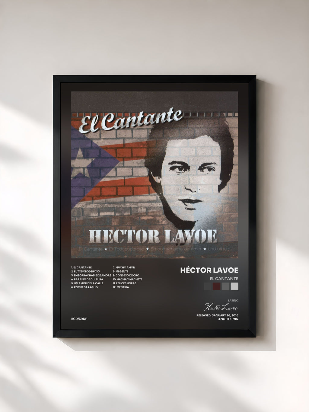 #noir Tableau de l'album El Cantante de Héctor Lavoe, cadre noir, imprimé et encadré en France